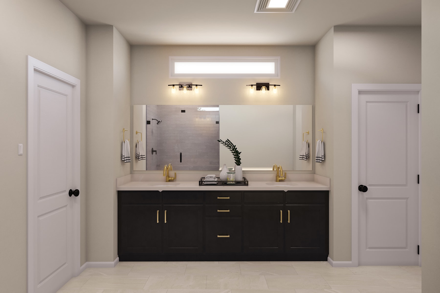 A modern and minimalist bathroom with a black vanity, two sinks, and wall-mounted lighting fixtures, set against a neutral-toned background.