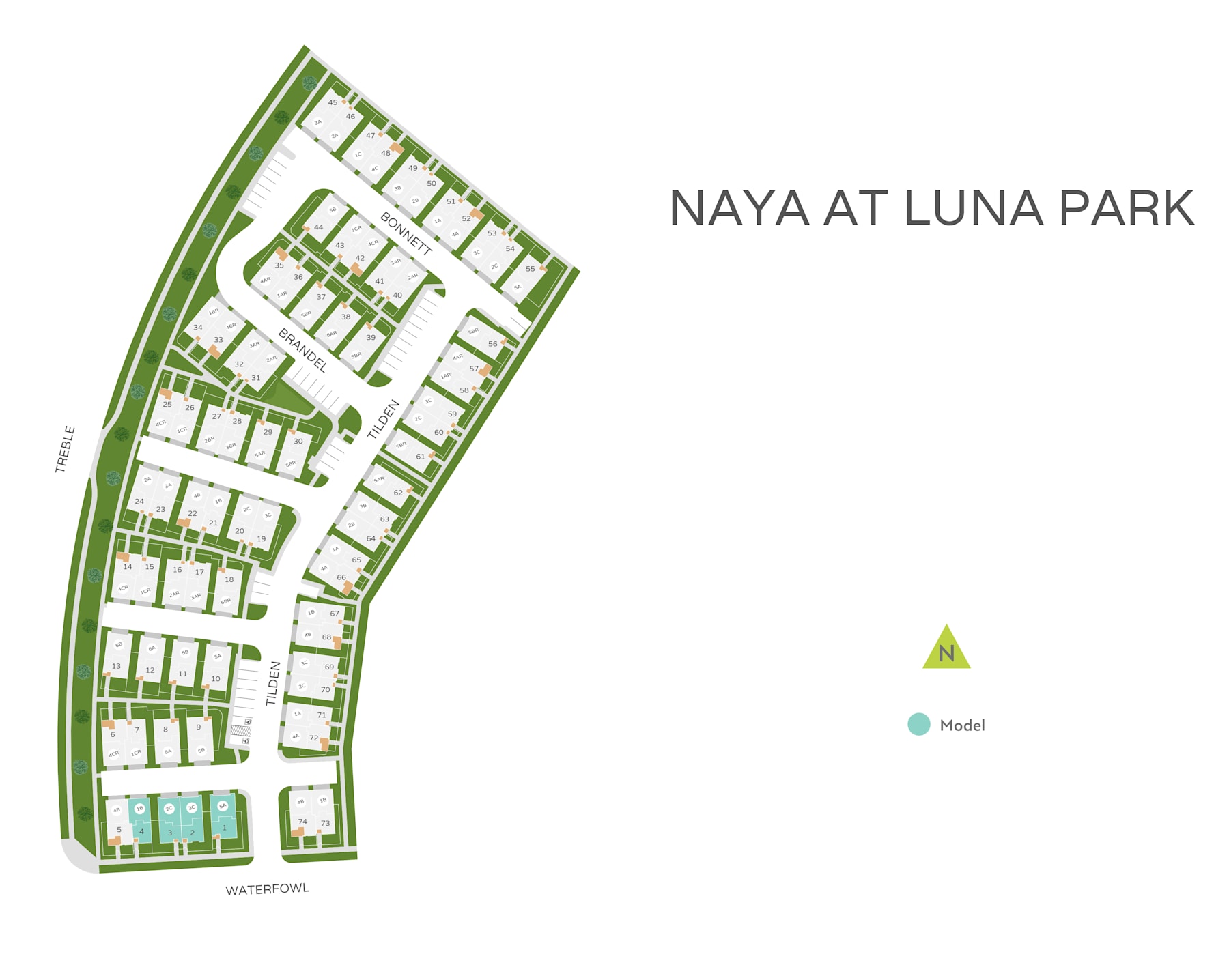 The image appears to be a site plan or layout for a residential development called "Naya at Luna Park". The plan shows a grid of residential lots or plots, with green spaces and a hotel symbol indicated.