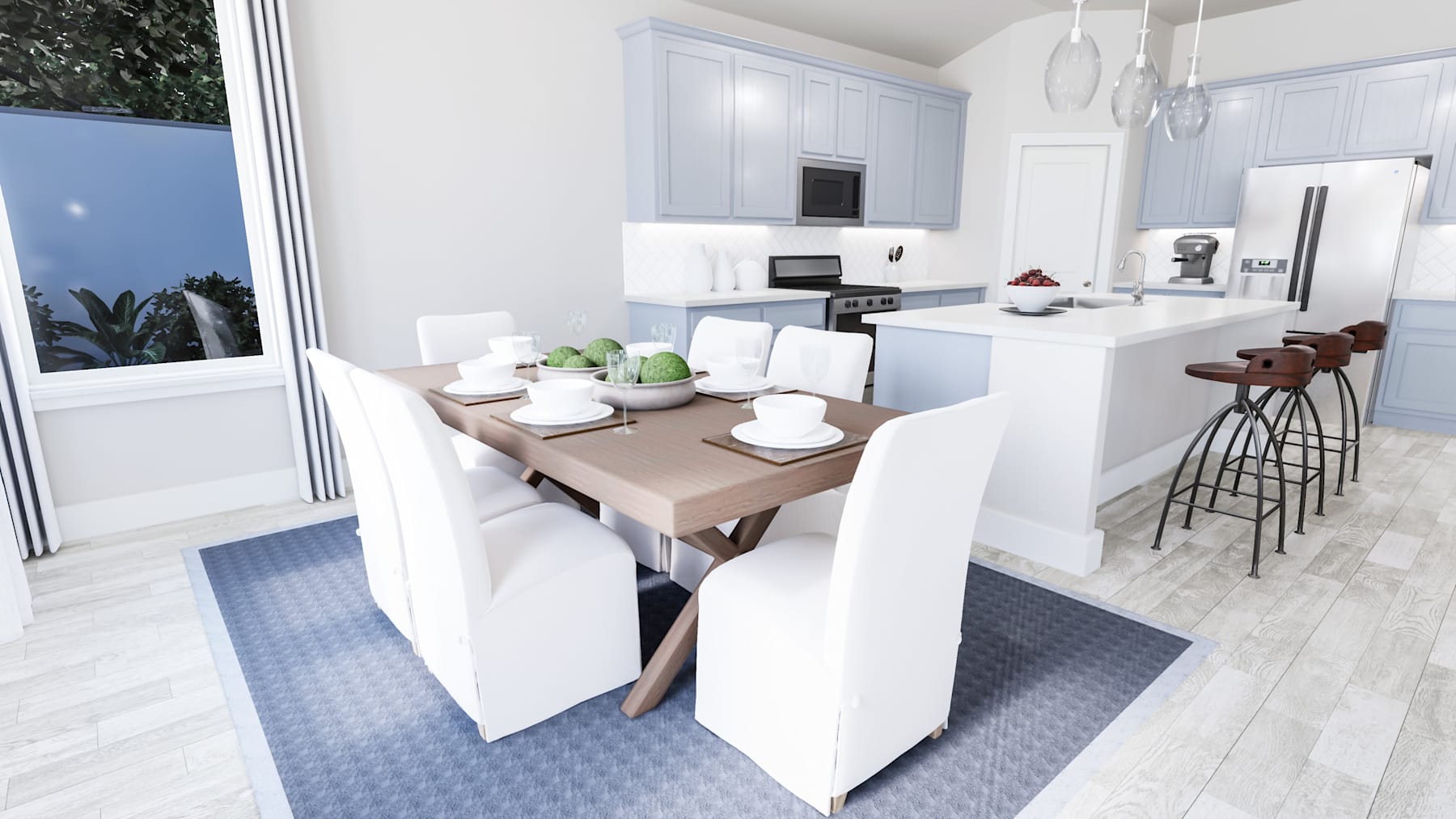 A modern, bright, and open-concept kitchen and dining area with white cabinets, a wooden dining table, and chairs, as well as a view of the outdoors through large windows.