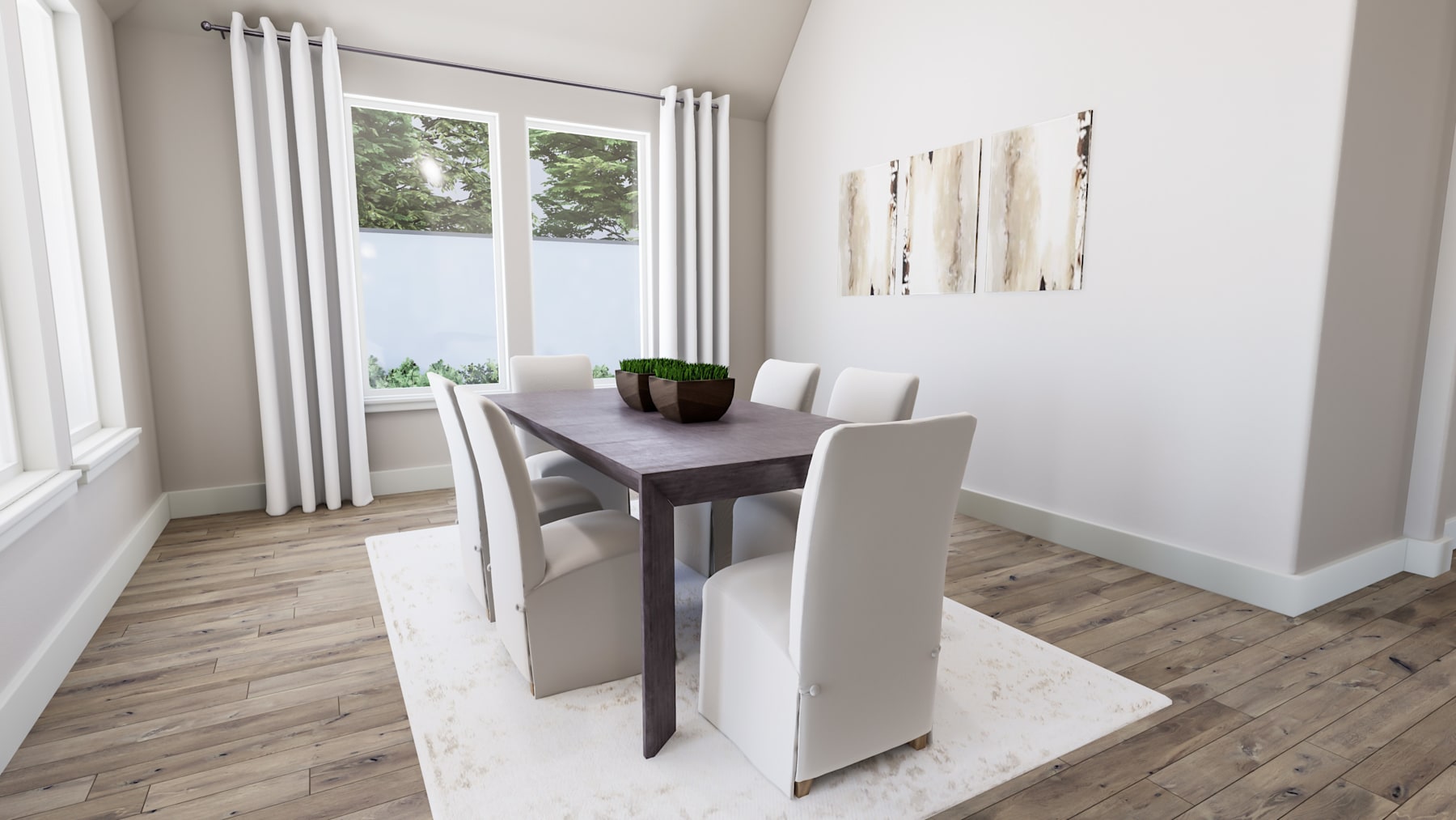 A modern and minimalist dining area with a wooden table, white chairs, and a potted plant, set against a backdrop of large windows overlooking a natural outdoor scene.