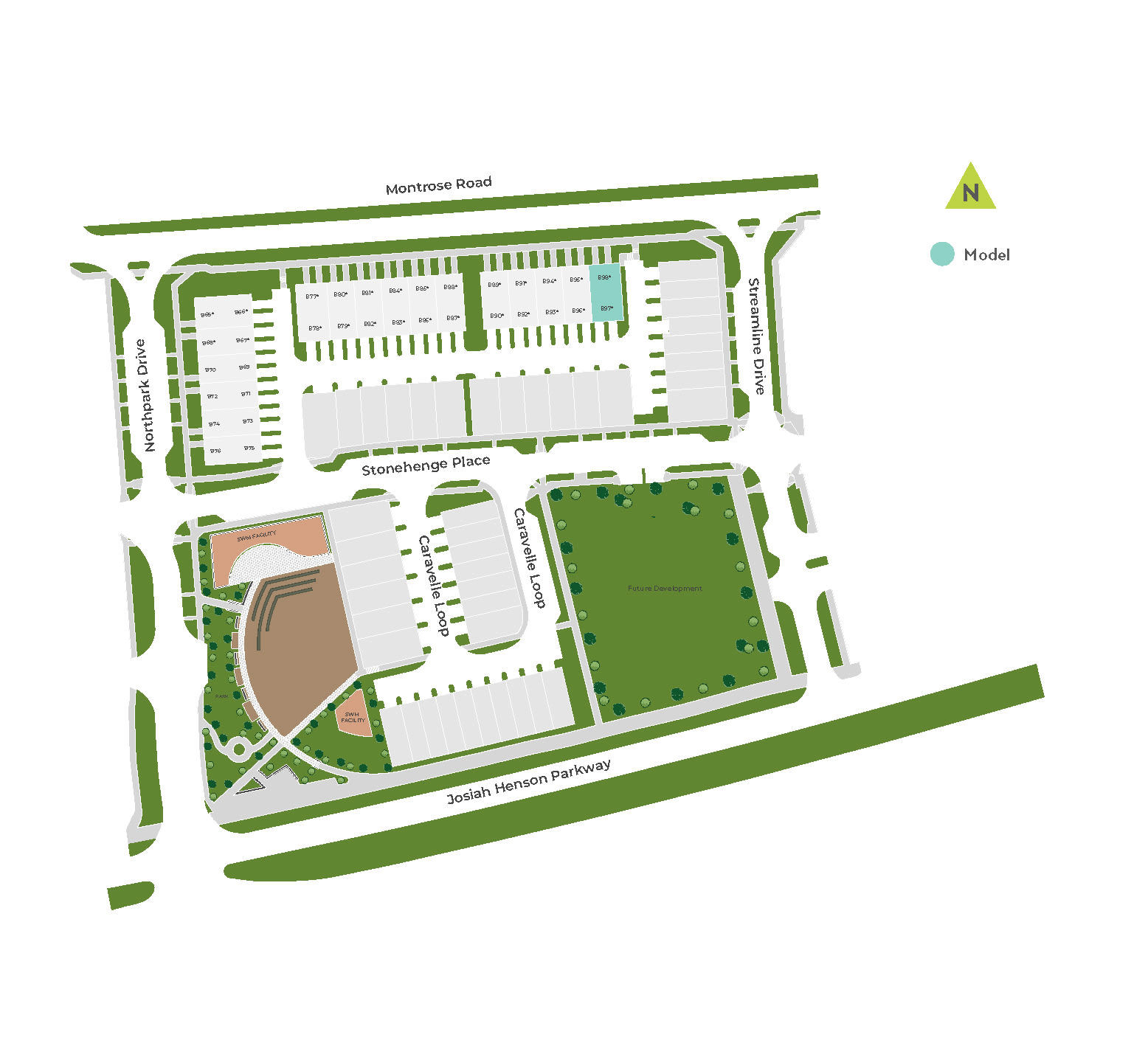 The image appears to be a site plan or layout of a commercial or residential development, featuring various structures, parking areas, and green spaces arranged in a grid-like pattern.