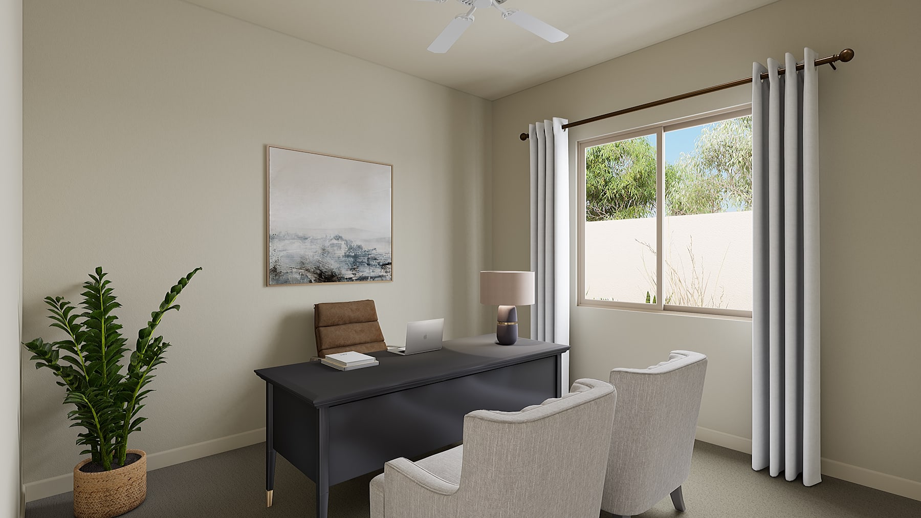 A cozy and well-lit home office space with a dark wooden desk, a potted plant, and a framed artwork on the wall, overlooking a scenic outdoor view through the window.