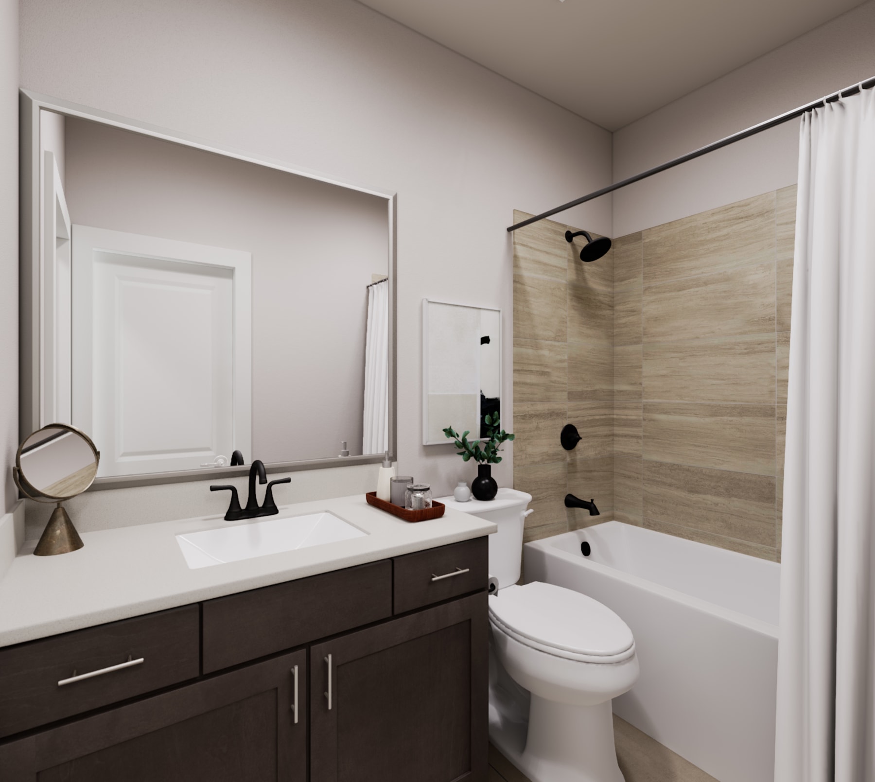 A modern bathroom with a vanity, mirror, and a bathtub surrounded by neutral-colored tiles.