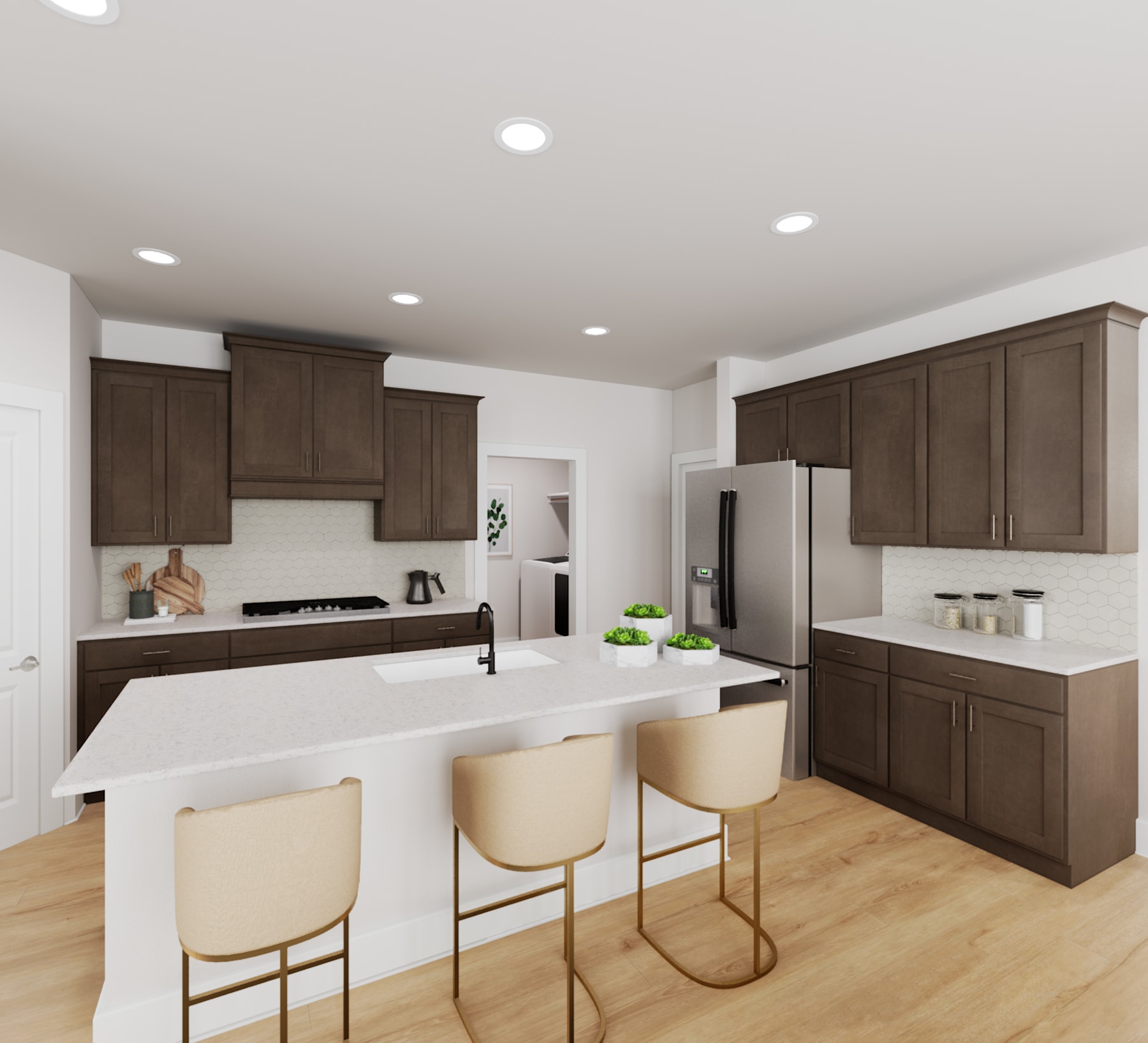 A modern and spacious kitchen with dark wood cabinets, a white countertop, and bar stools in the foreground, set against a light-colored wall and hardwood flooring in the background.