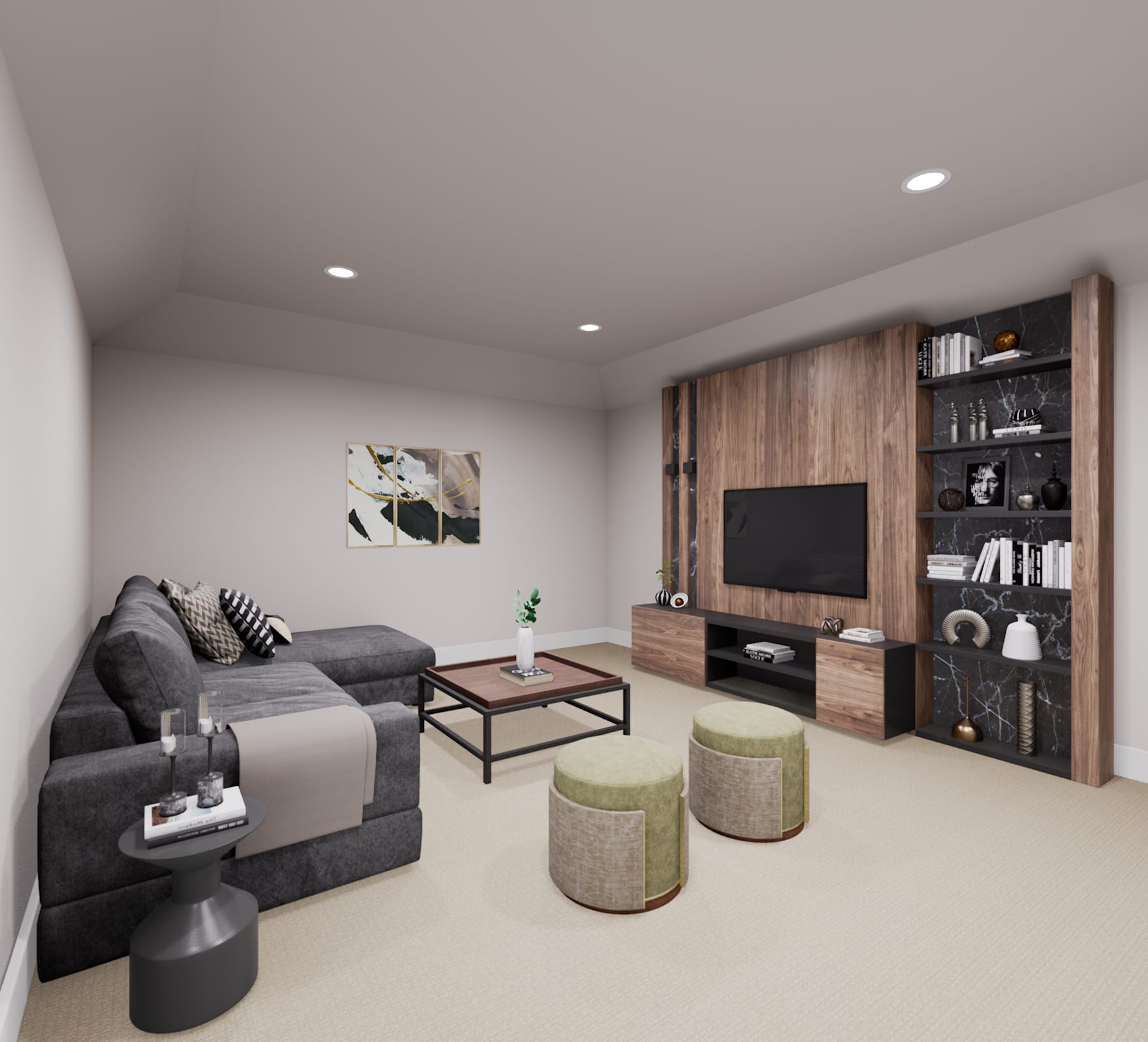 A modern and cozy living room with a gray sofa, wooden TV stand, and decorative ottomans, complemented by a minimalist wall art piece.