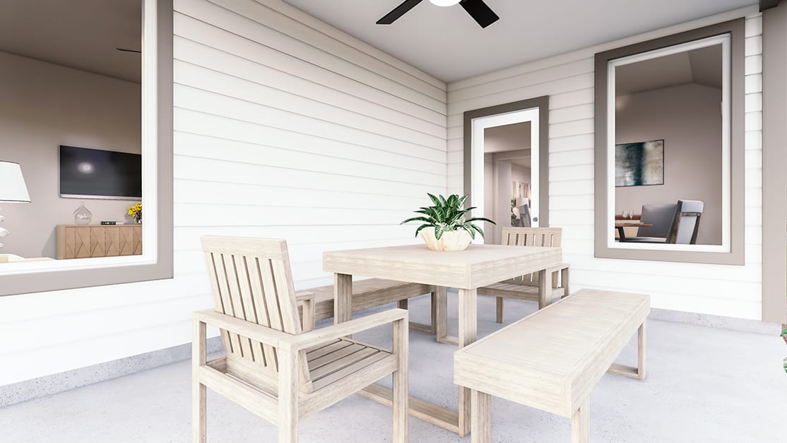 A modern, minimalist dining area with a wooden table, chairs, and bench, surrounded by white shiplap walls and accented with a potted plant and artwork.