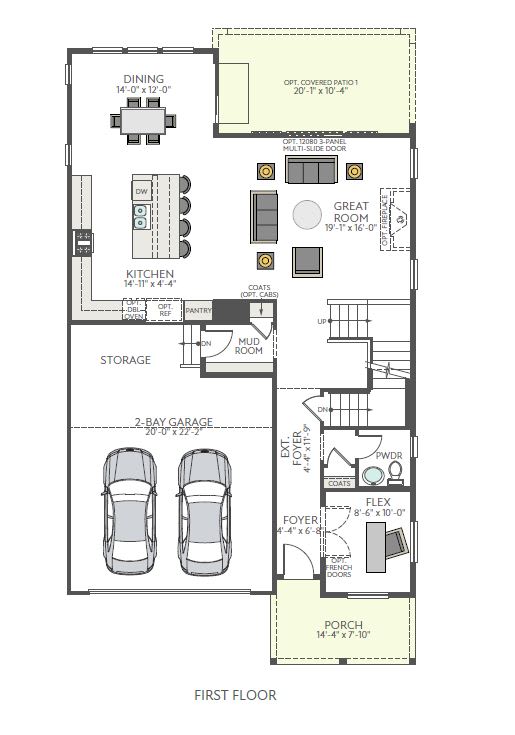 The image appears to be a floor plan or layout of a residential property, featuring a dining area, great room, storage space, and a two-car garage on the first floor.