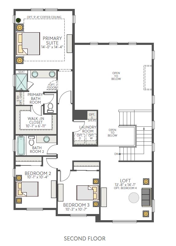 This is a floor plan for a two-story residential building, featuring a primary suite, two additional bedrooms, a loft, and various other rooms and amenities on the second floor.