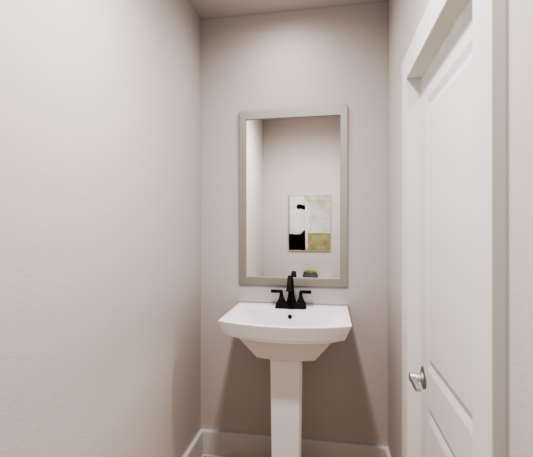A simple and minimalist bathroom with a white pedestal sink, a framed mirror, and a neutral color scheme.