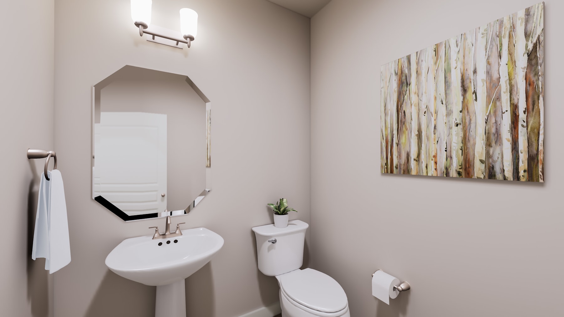 A modern and minimalist bathroom with a white pedestal sink, a toilet, and a large abstract painting on the wall.