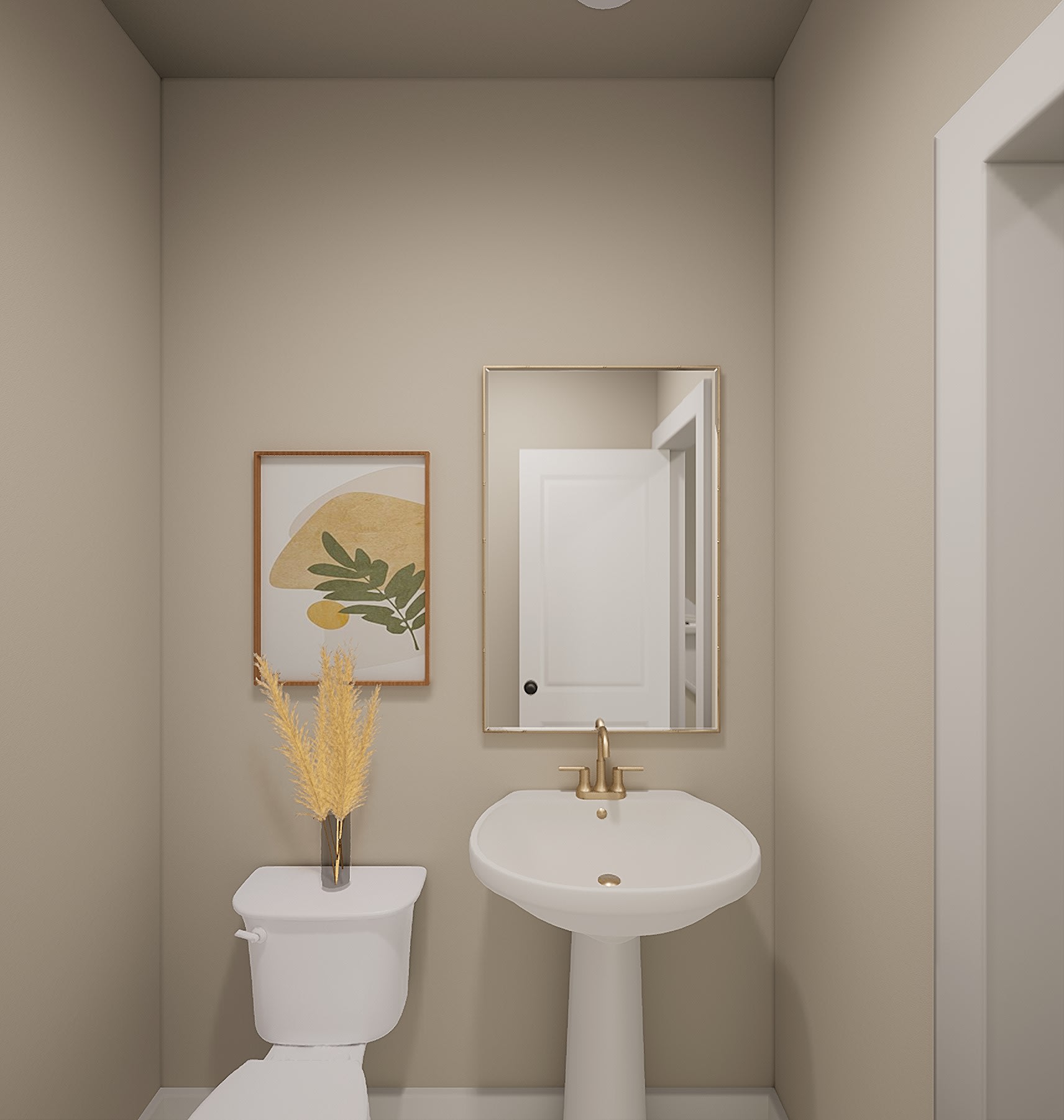 A minimalist bathroom with a white pedestal sink, a framed artwork on the wall, and a decorative plant arrangement.