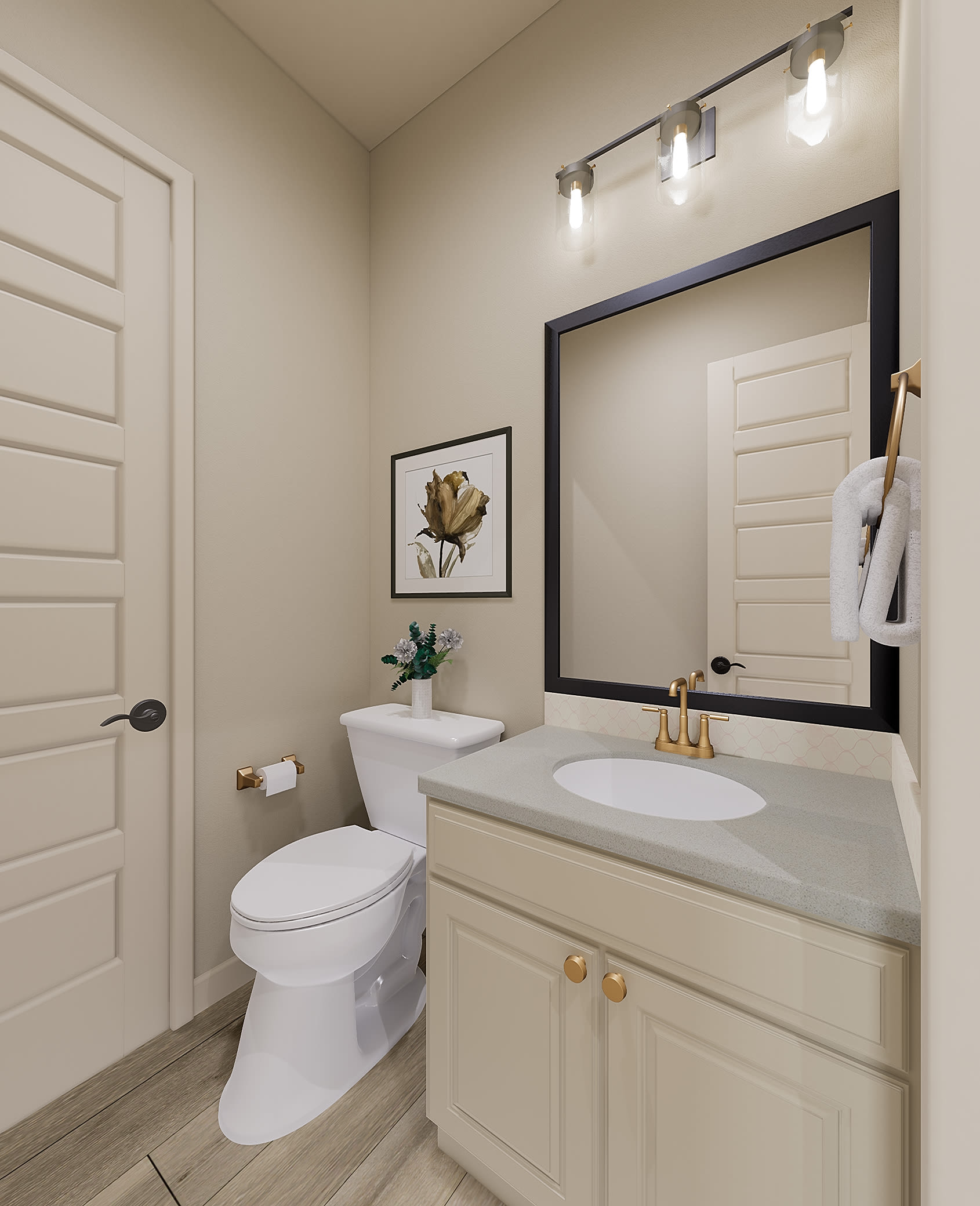 A modern and well-lit bathroom with a white vanity, a large framed mirror, and a toilet in the foreground, surrounded by neutral-toned walls and doors.
