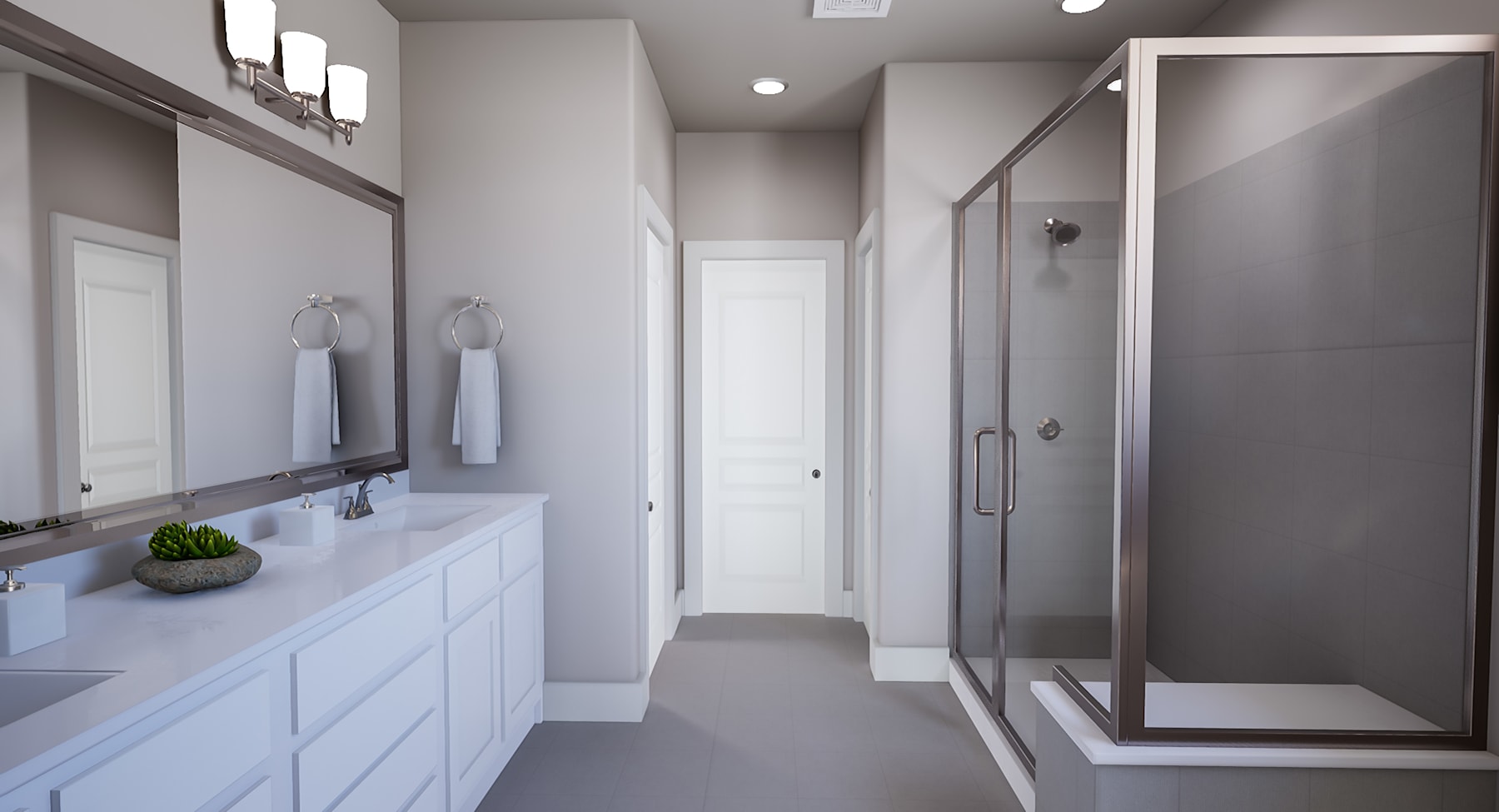 A modern, minimalist bathroom with a white vanity, a glass shower enclosure, and a neutral color scheme.