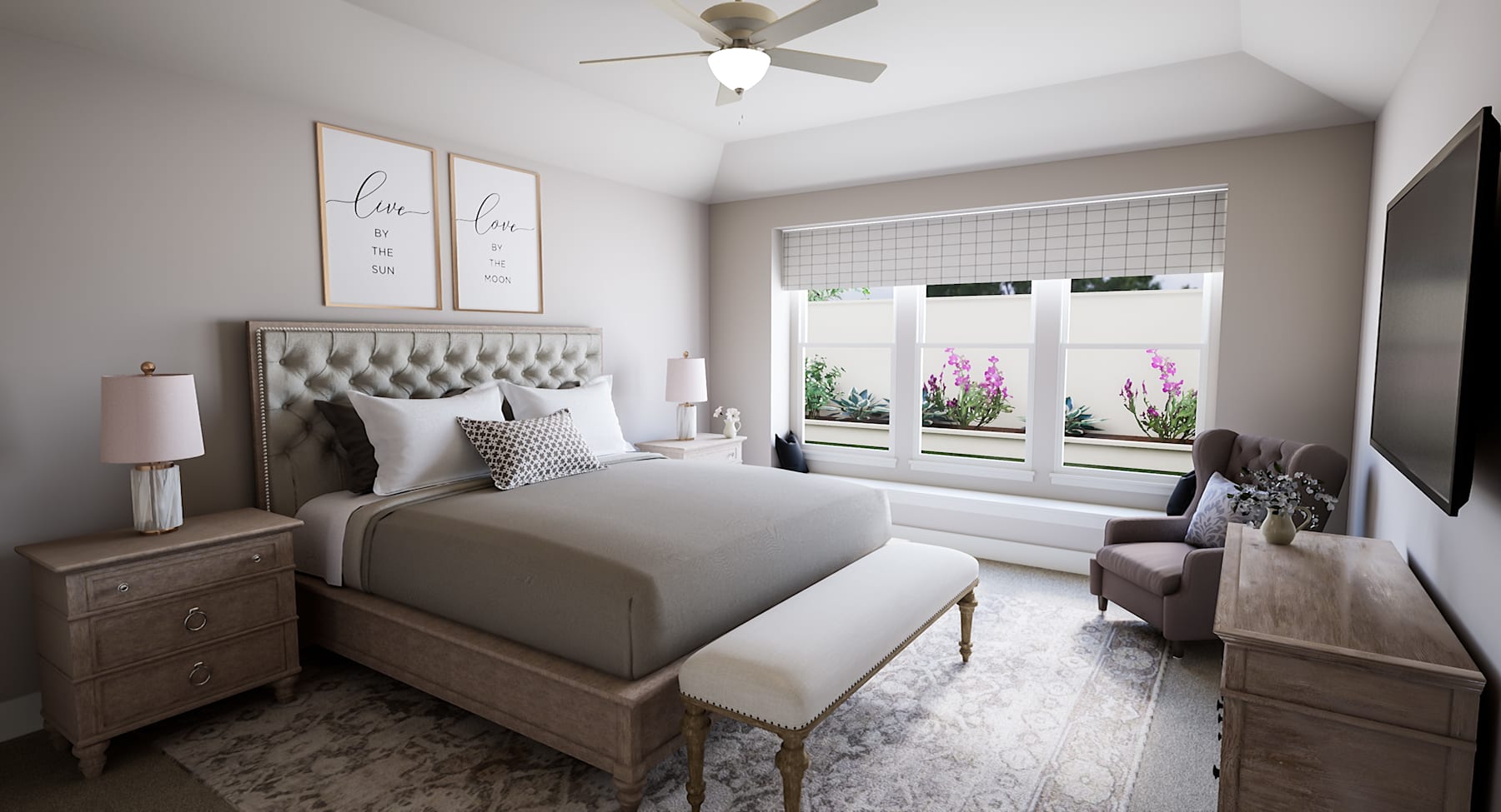 A cozy and well-appointed bedroom with a tufted headboard, nightstands, and a large window overlooking potted plants, creating a serene and inviting atmosphere.