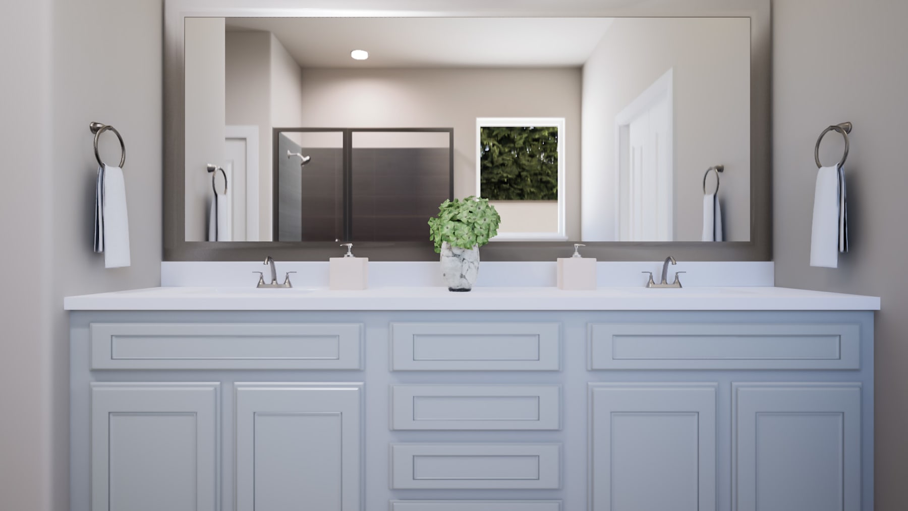 A modern and minimalist bathroom vanity with a large mirror, two sinks, and a decorative plant in the background.