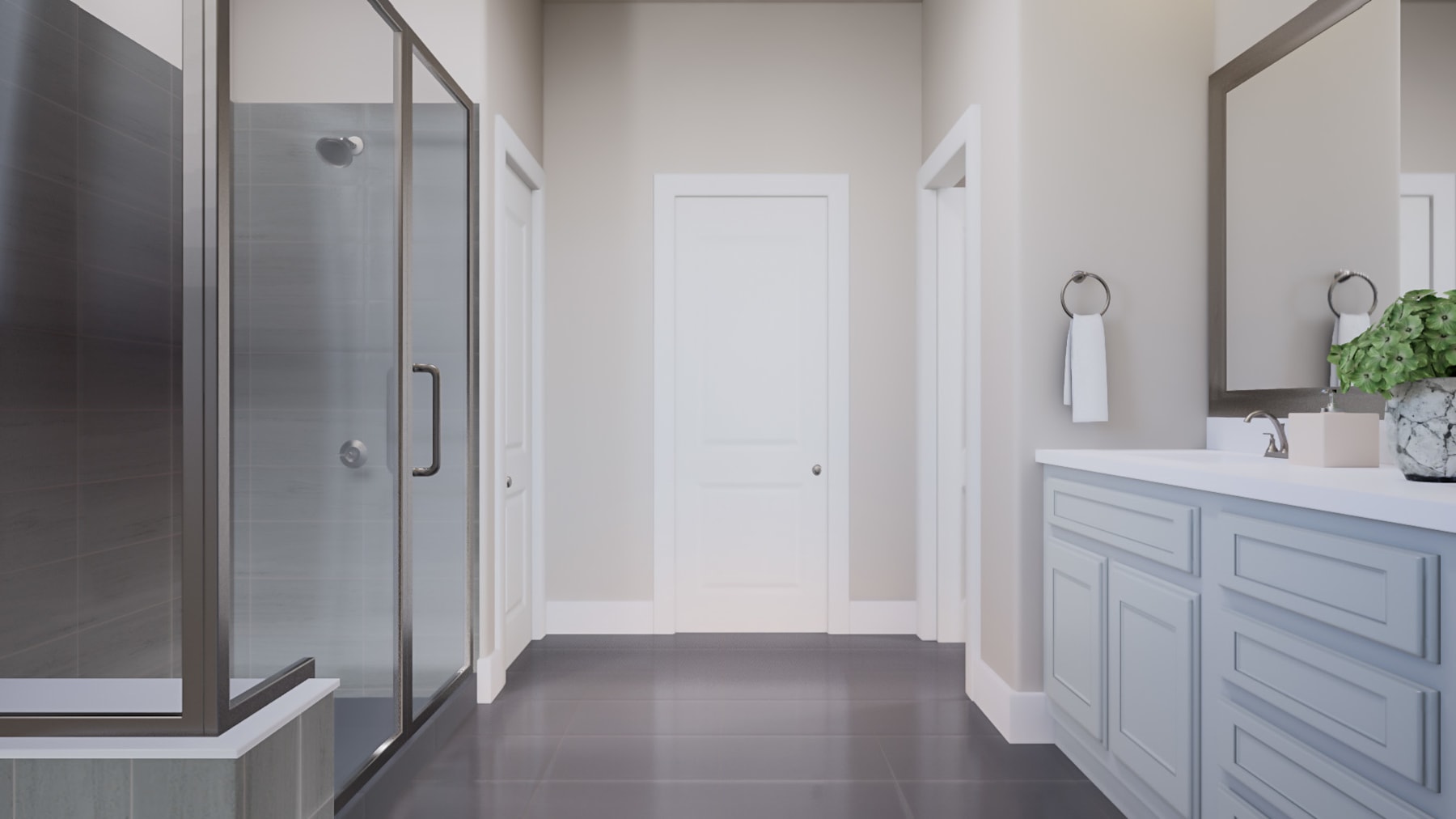 A modern, minimalist bathroom with a glass shower enclosure, a vanity with drawers, and a neutral color scheme.