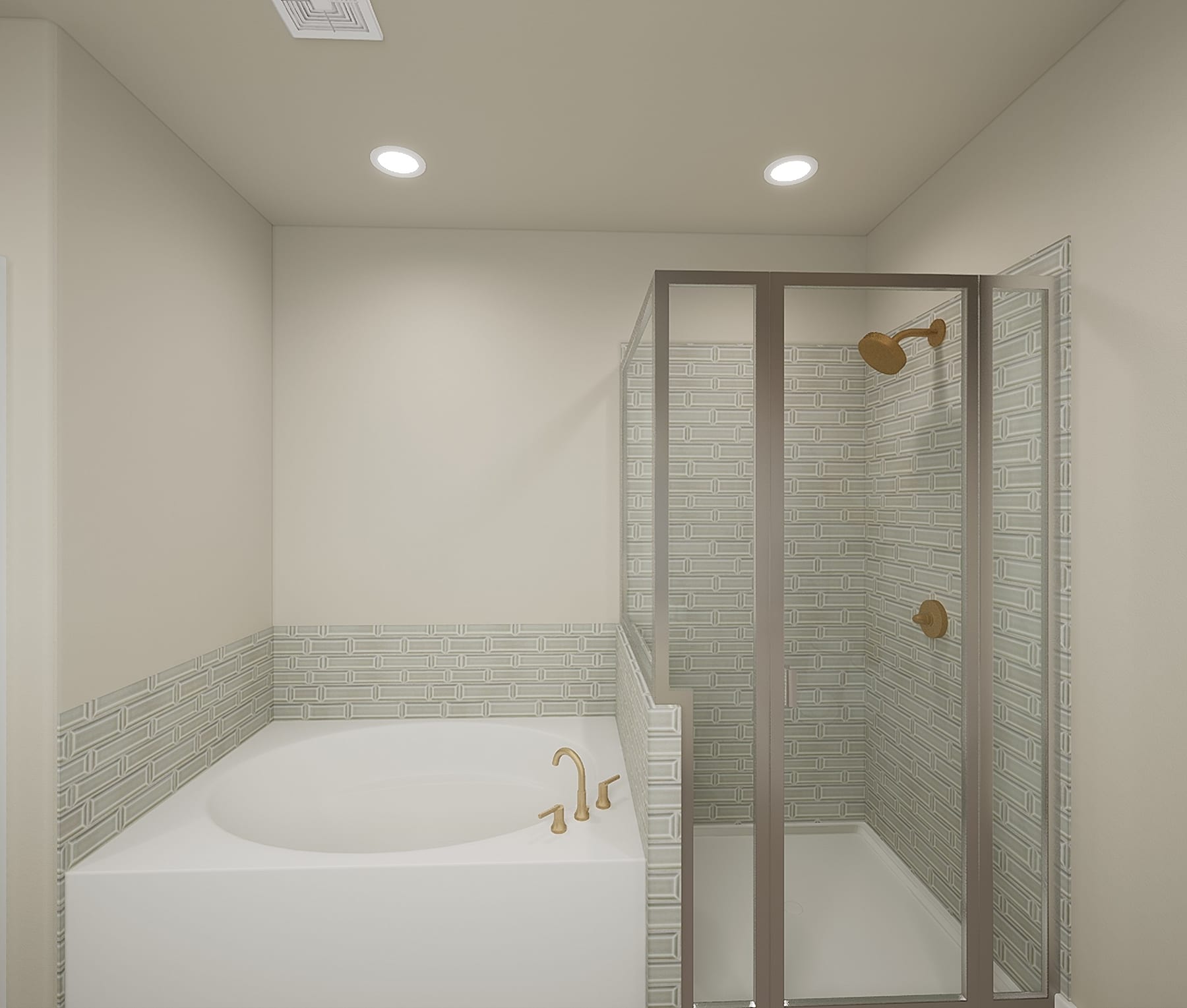 A modern bathroom with a white bathtub, glass shower enclosure, and tiled walls in a neutral color scheme.