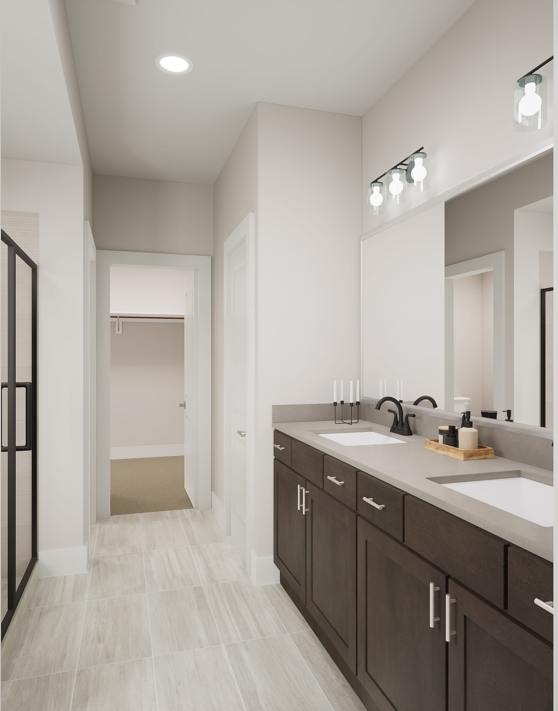 A modern and minimalist bathroom with dark wood cabinets, a large vanity, and a tiled floor leading to an open doorway.