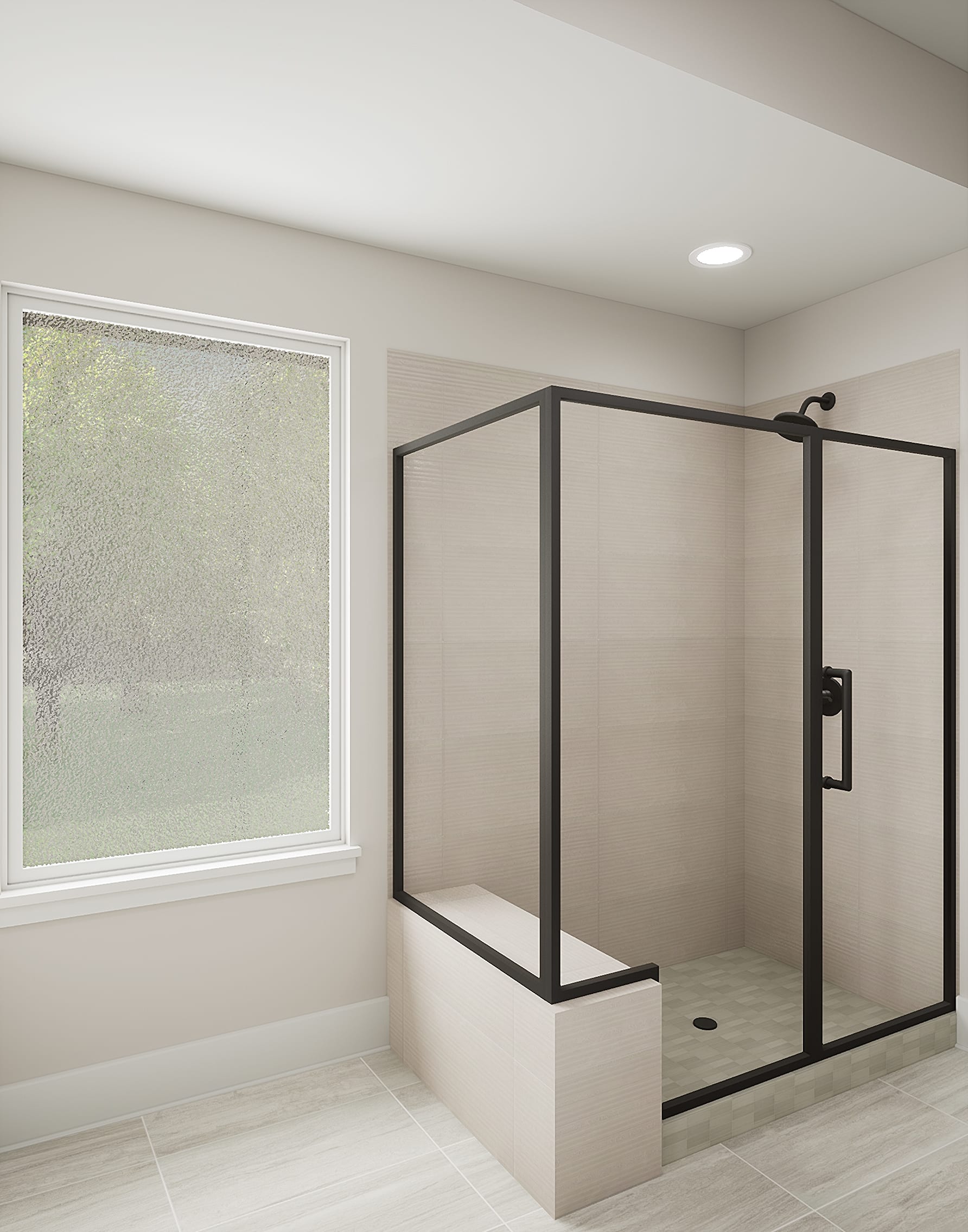 A modern, minimalist bathroom with a glass-enclosed shower stall and a large window providing natural light.