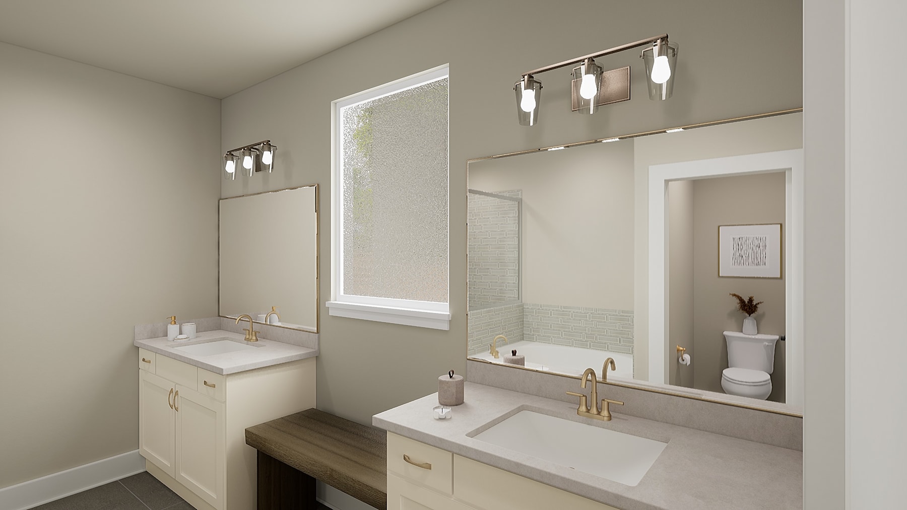 A modern and minimalist bathroom with white vanity, mirrors, and lighting fixtures, set against a neutral-toned wall.