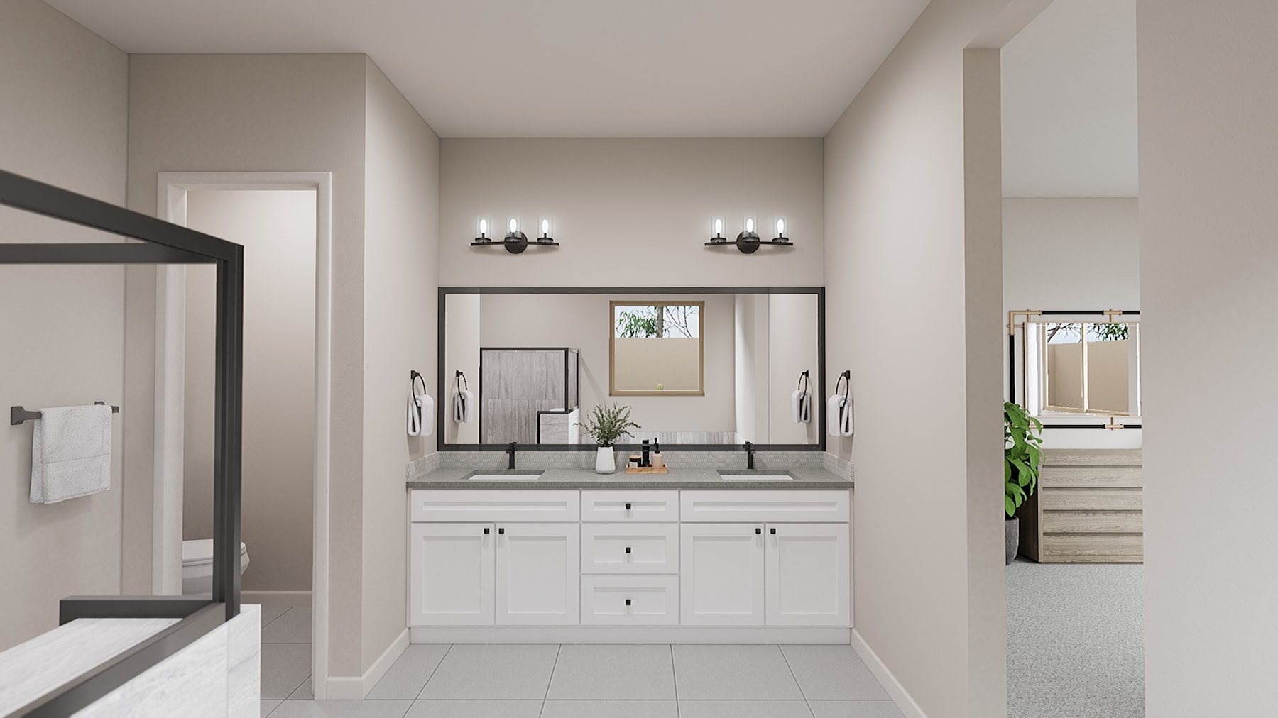A modern, well-lit bathroom with white cabinets, a double vanity, and black fixtures, set against a neutral color palette.