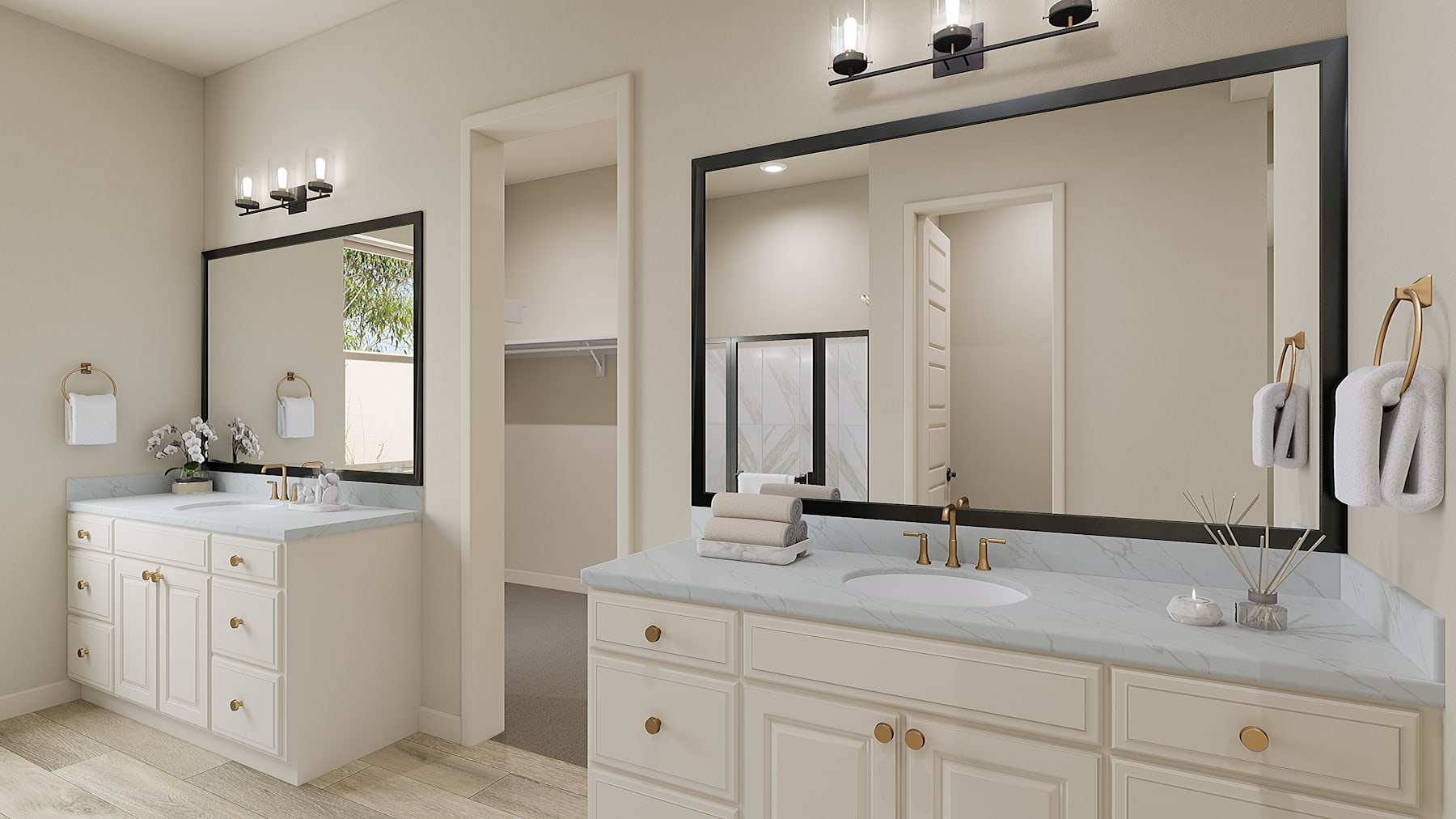 A spacious and well-designed bathroom with white cabinets, a large mirror, and decorative accents, creating a clean and modern aesthetic.