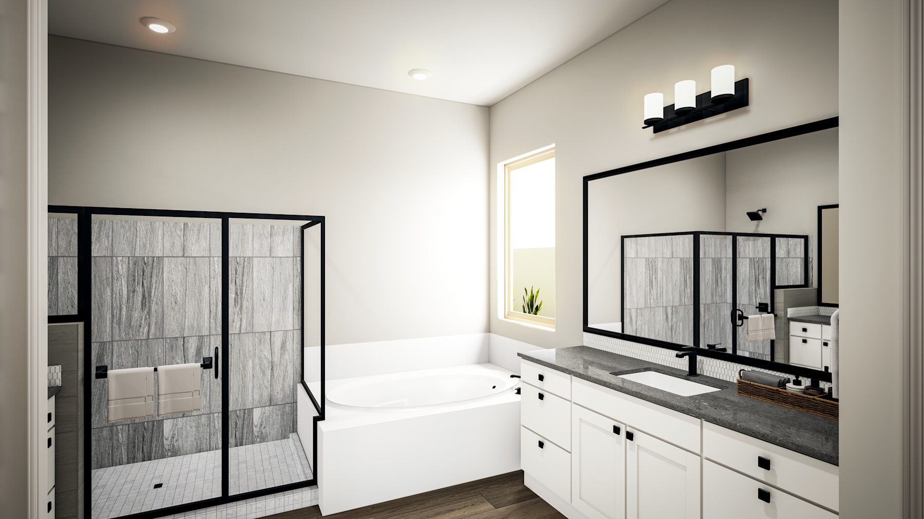 A modern, minimalist bathroom with a white vanity, black framed mirrors, and a freestanding bathtub against a neutral-toned wall.