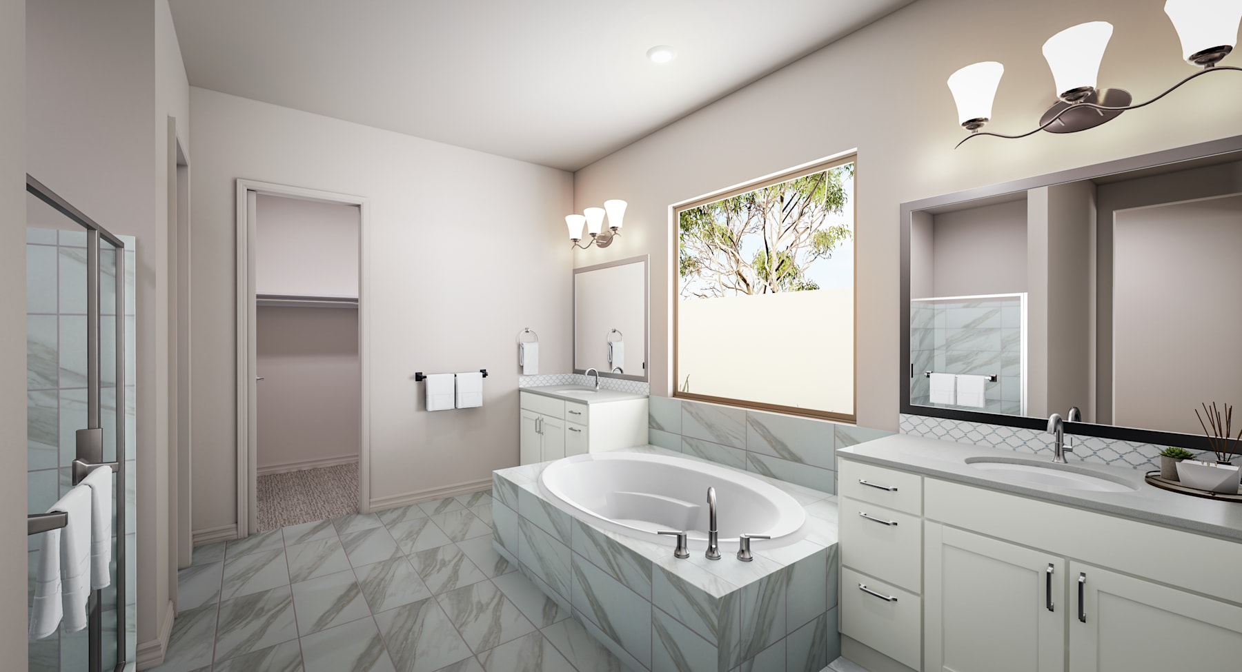 A modern and spacious bathroom with a large vanity, a freestanding bathtub, and a window overlooking a natural landscape.