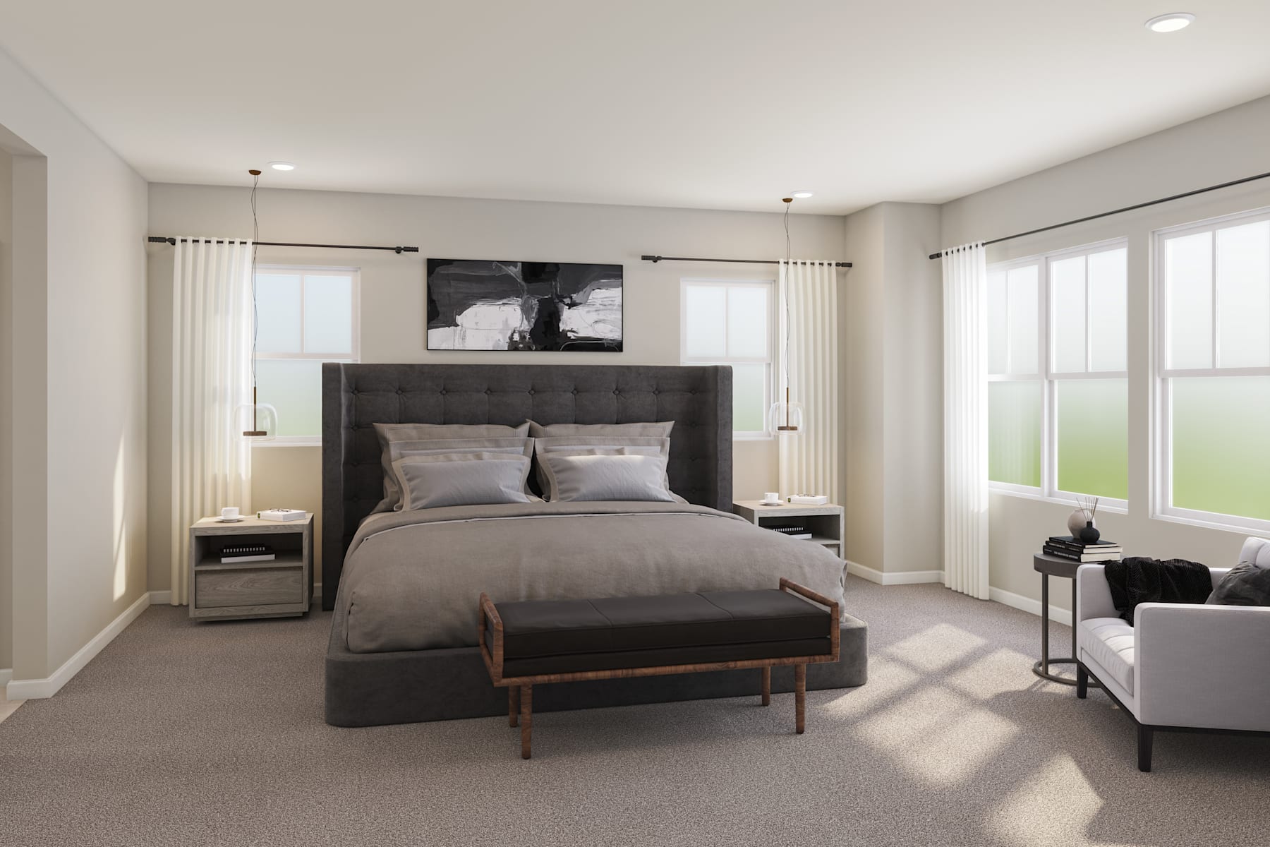 A modern and spacious bedroom with a large bed, dark furniture, and large windows allowing natural light to fill the room.