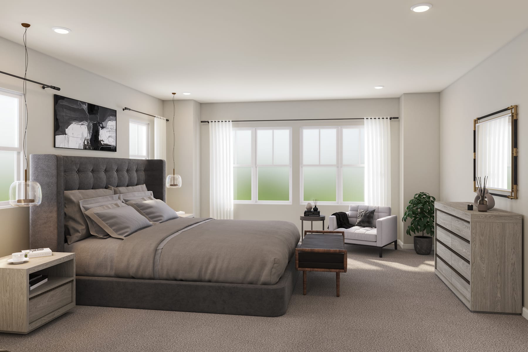 A spacious and well-furnished bedroom with a large bed, dresser, and armchair, surrounded by large windows overlooking a grassy outdoor area.