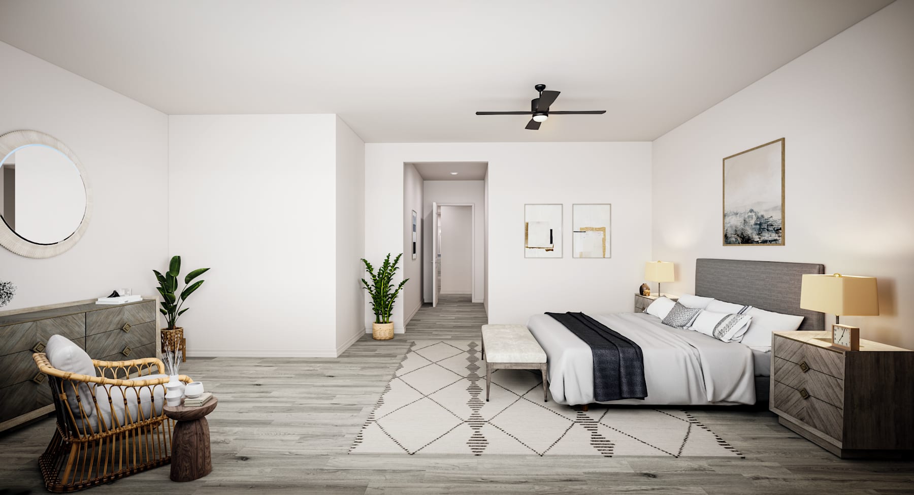 A cozy and modern bedroom with a rustic wooden headboard, a patterned rug, and a rattan chair in the corner, complemented by minimalist decor and artwork on the walls.