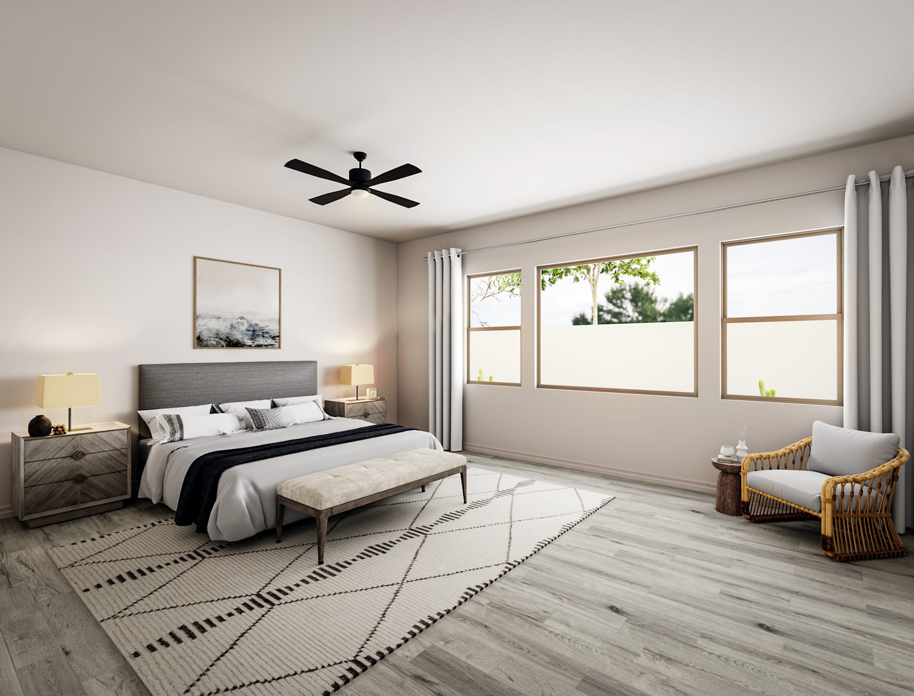 A spacious and well-lit bedroom with a modern design, featuring a large bed, a patterned rug, and a comfortable armchair near the window, which provides a view of the outdoor greenery.