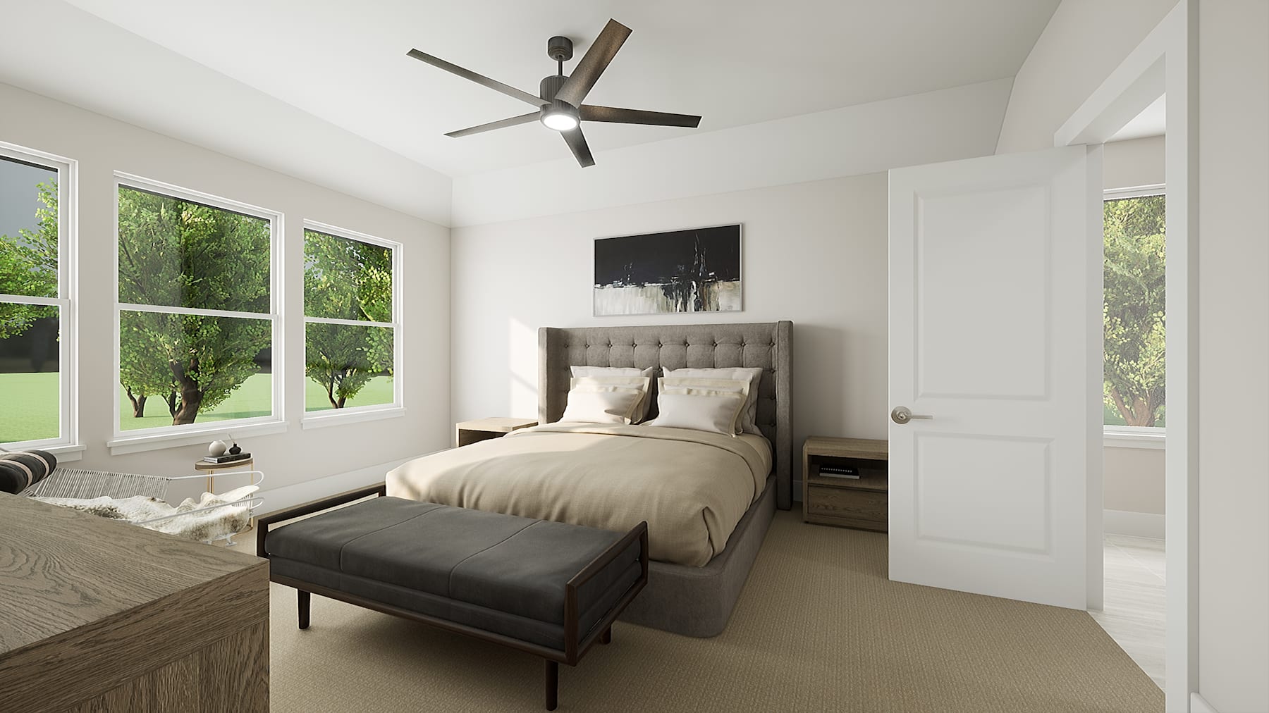 A modern and minimalist bedroom with a large window overlooking a lush, green outdoor landscape, featuring a ceiling fan, a tufted headboard, and a bench at the foot of the bed.