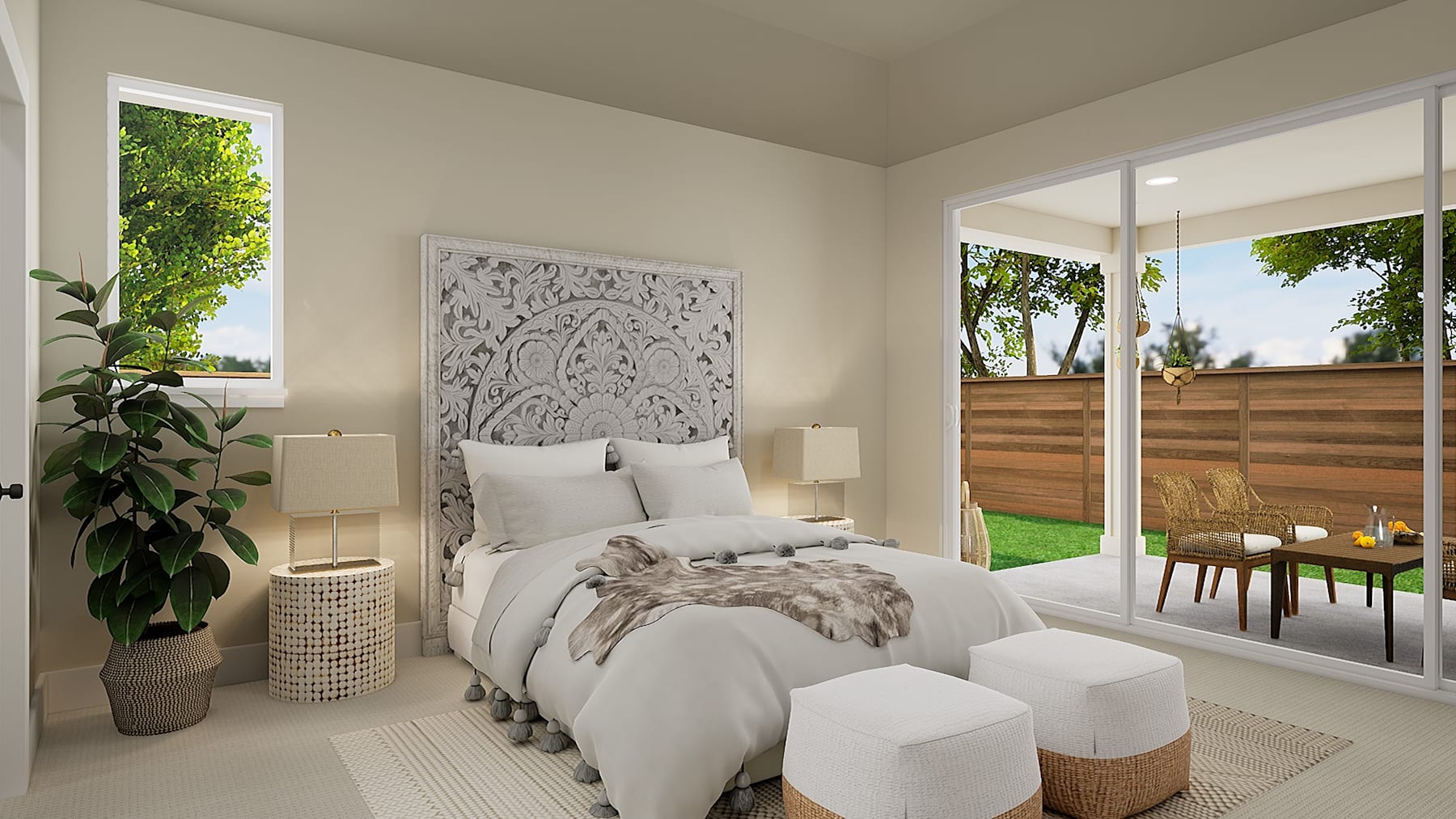 A cozy and inviting bedroom with a large window overlooking a lush, green outdoor space, featuring a plush bed, decorative accents, and a seating area.