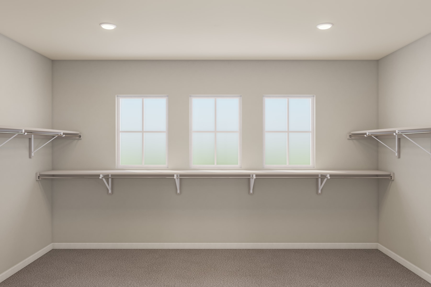 A spacious, well-lit room with multiple windows and shelving units along the walls, providing ample storage and display space.