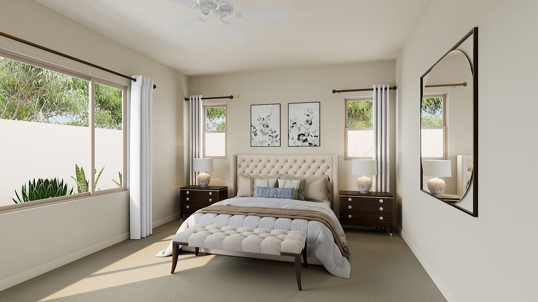 A cozy and well-designed bedroom with a tufted headboard, dark wood furniture, and large windows overlooking a lush outdoor environment.