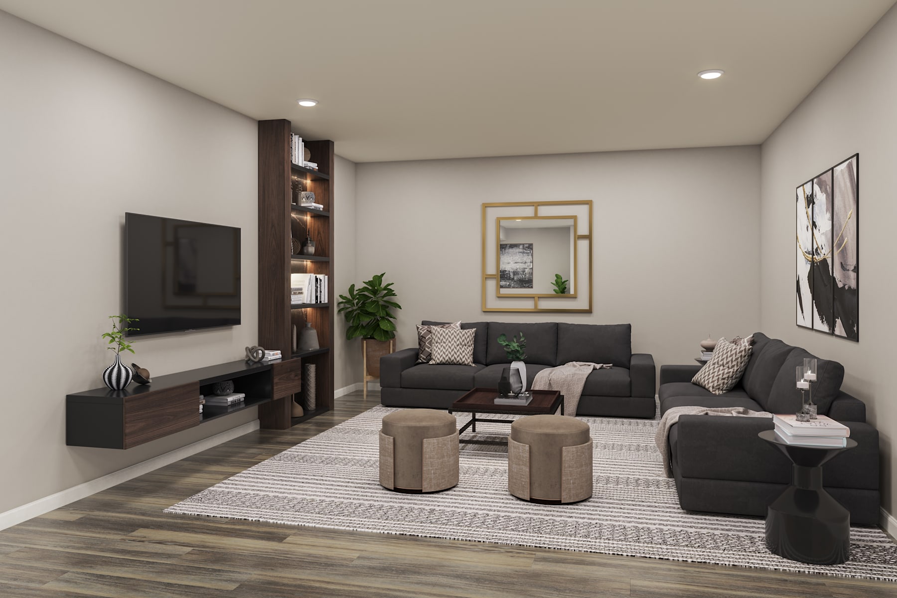 A modern and stylish living room with a large TV, dark gray sofas, a patterned rug, and various decorative elements such as plants and framed artwork on the walls.