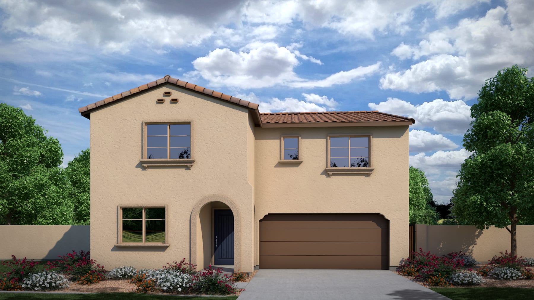 A two-story Mediterranean-style house with a tiled roof, surrounded by lush greenery and a cloudy blue sky in the background.