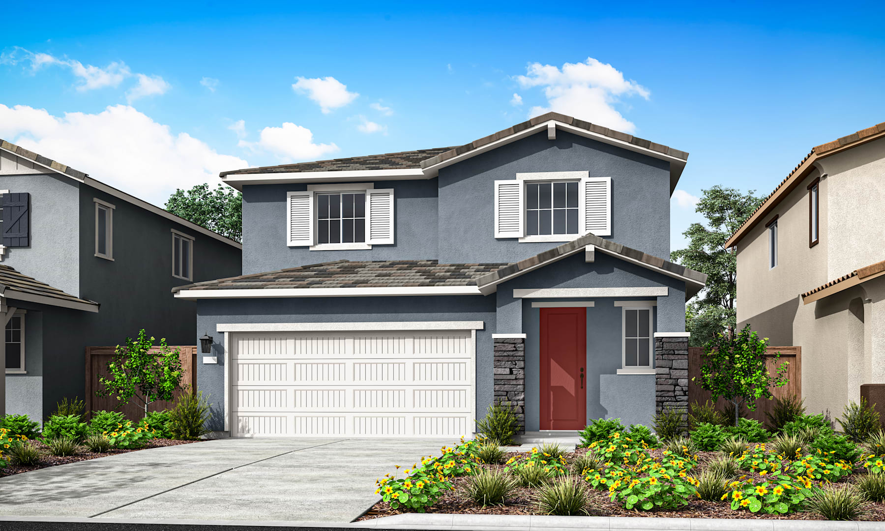 A two-story residential house with a red front door, a white garage door, and a well-landscaped yard surrounded by trees and shrubs against a blue sky with fluffy white clouds.
