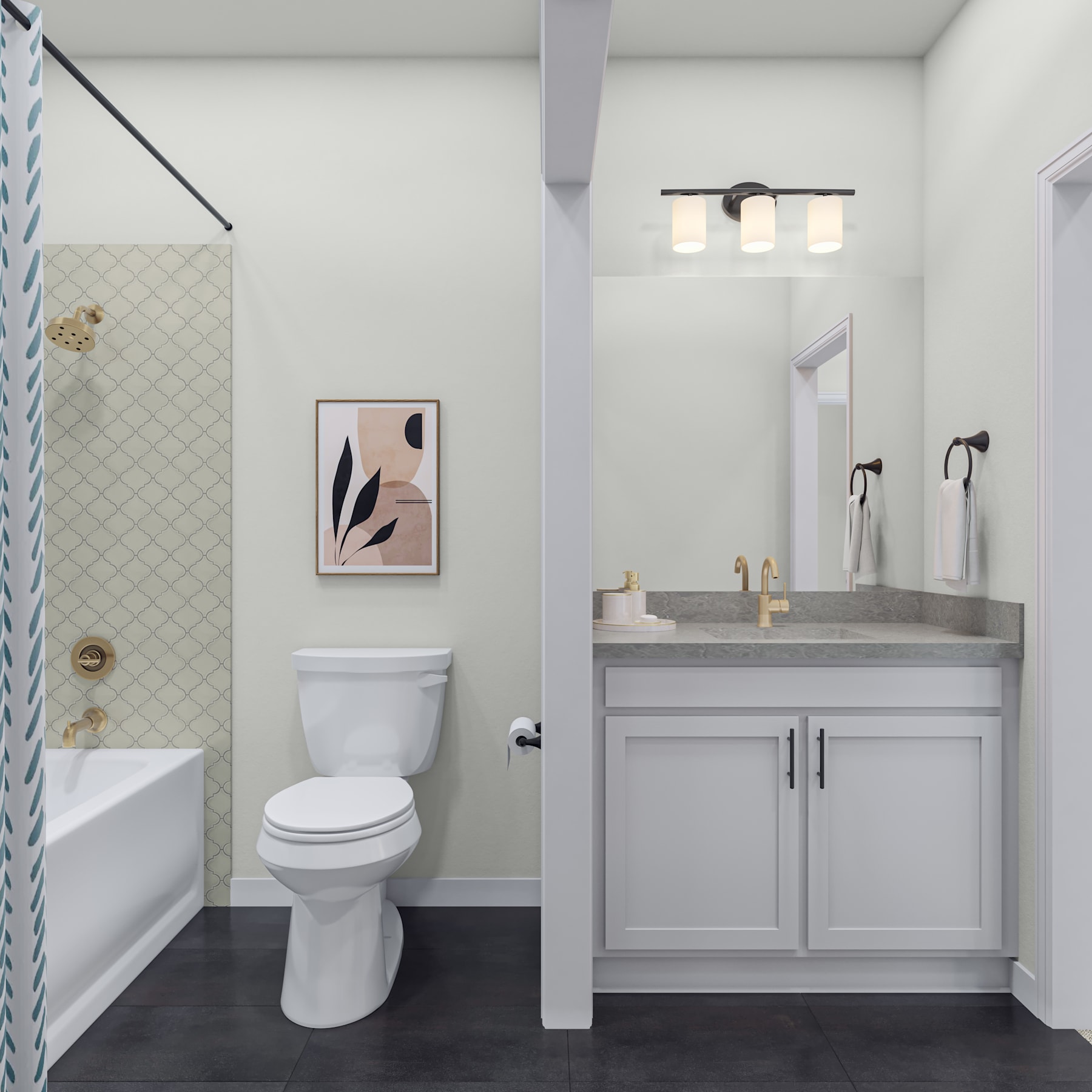 A modern and minimalist bathroom with a white vanity, a toilet, and a framed artwork on the wall.