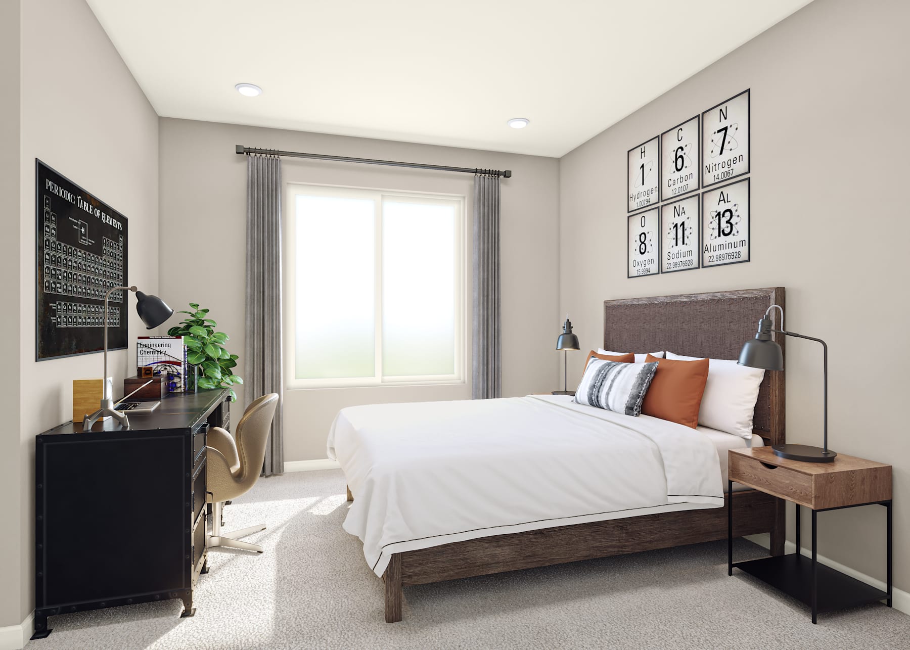 A cozy and modern bedroom with a wooden bed frame, white bedding, and decorative wall art above the headboard. The room features a large window, allowing natural light to fill the space, and a dark dresser on the side.