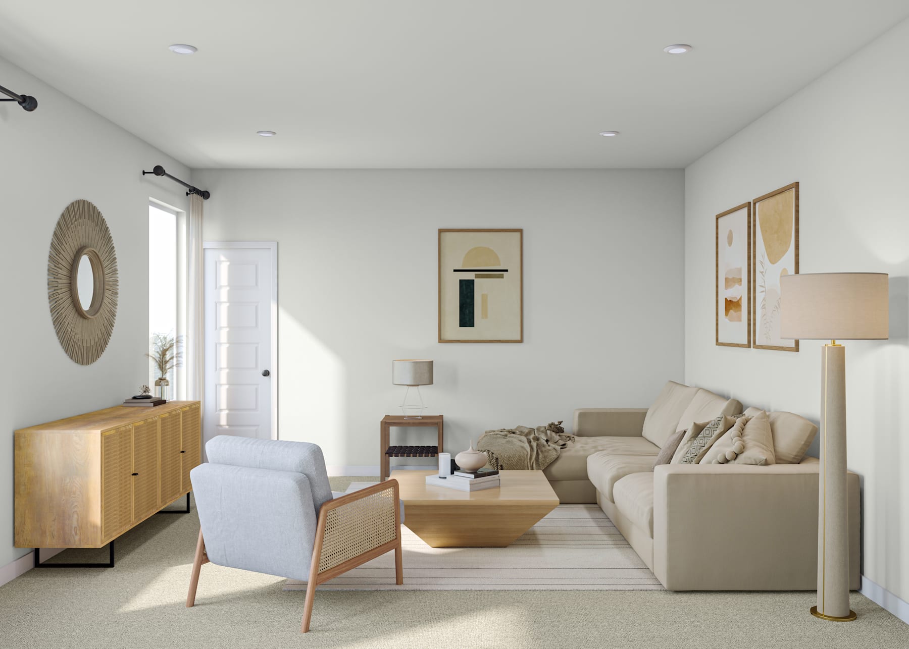 A cozy and minimalist living room with a beige sofa, wooden furniture, and artwork on the walls, creating a warm and inviting atmosphere.