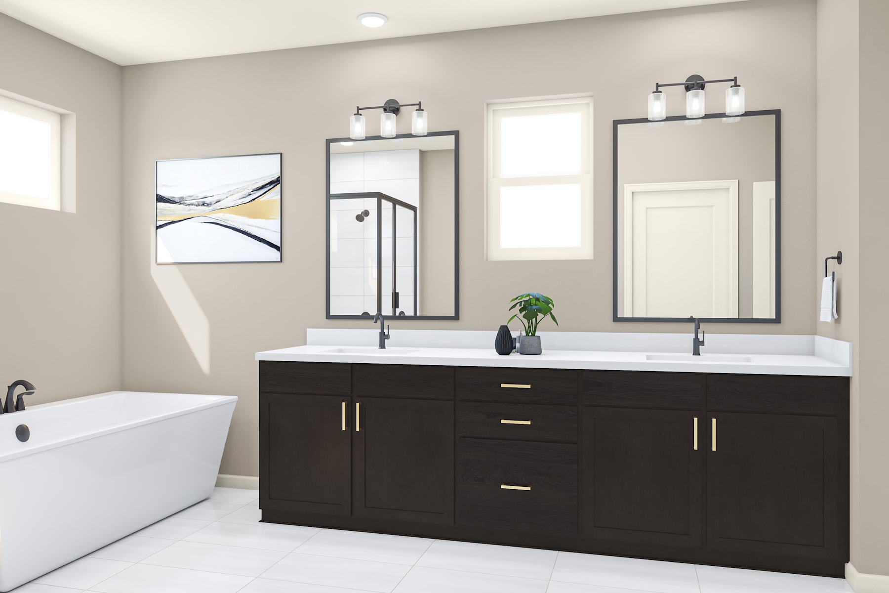 A modern and well-designed bathroom with a large vanity, double sinks, and a freestanding bathtub in the background.