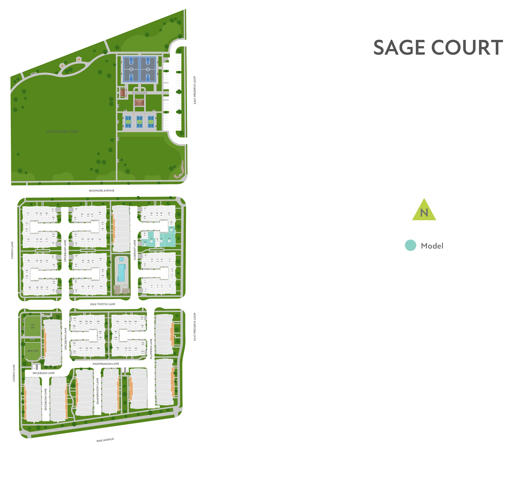 The image appears to be a site plan or layout for a residential development called "Sage Court". It shows a green, landscaped area in the foreground, with various buildings and structures arranged in a grid-like pattern in the background.