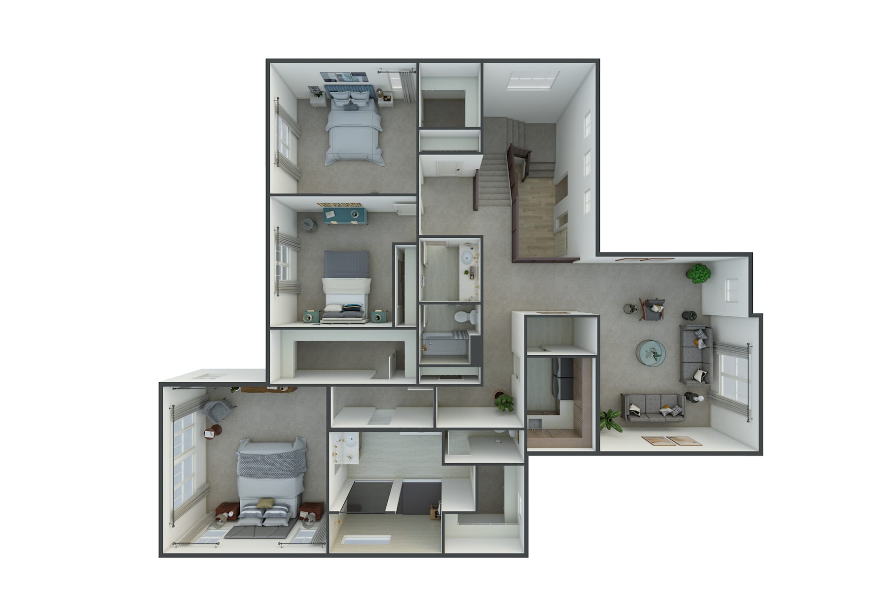 A detailed 3D floor plan of a multi-room apartment, showcasing various living spaces, including a bedroom, kitchen, and bathroom.