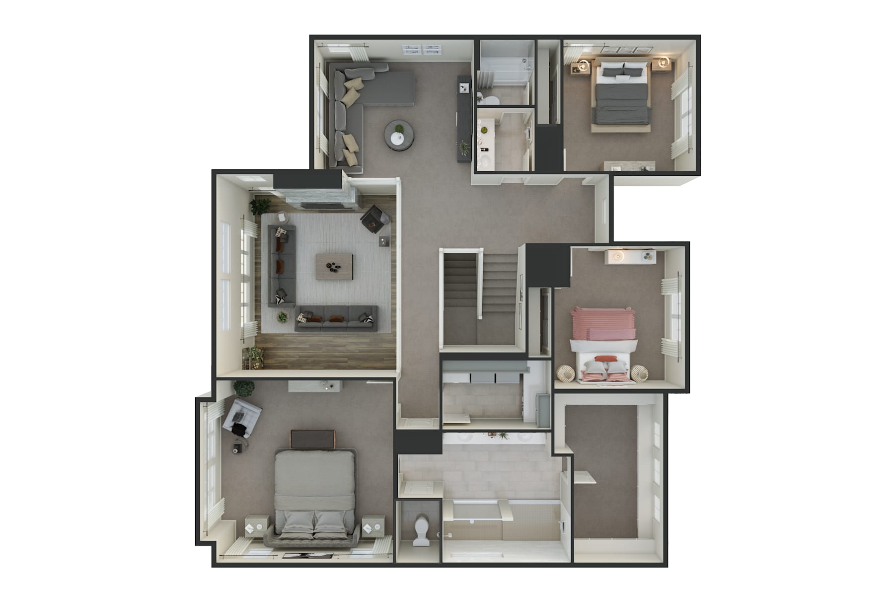 A detailed floor plan of a multi-room residential space, showcasing various rooms and their layouts, including a living room, bedrooms, and a bathroom.