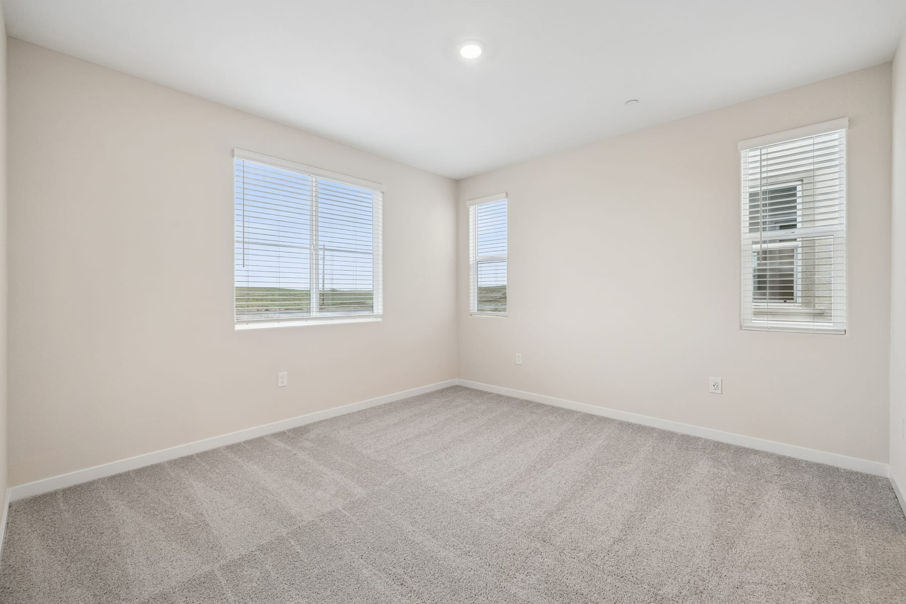 An empty room with white walls, gray carpeted floor, and two windows providing natural light.