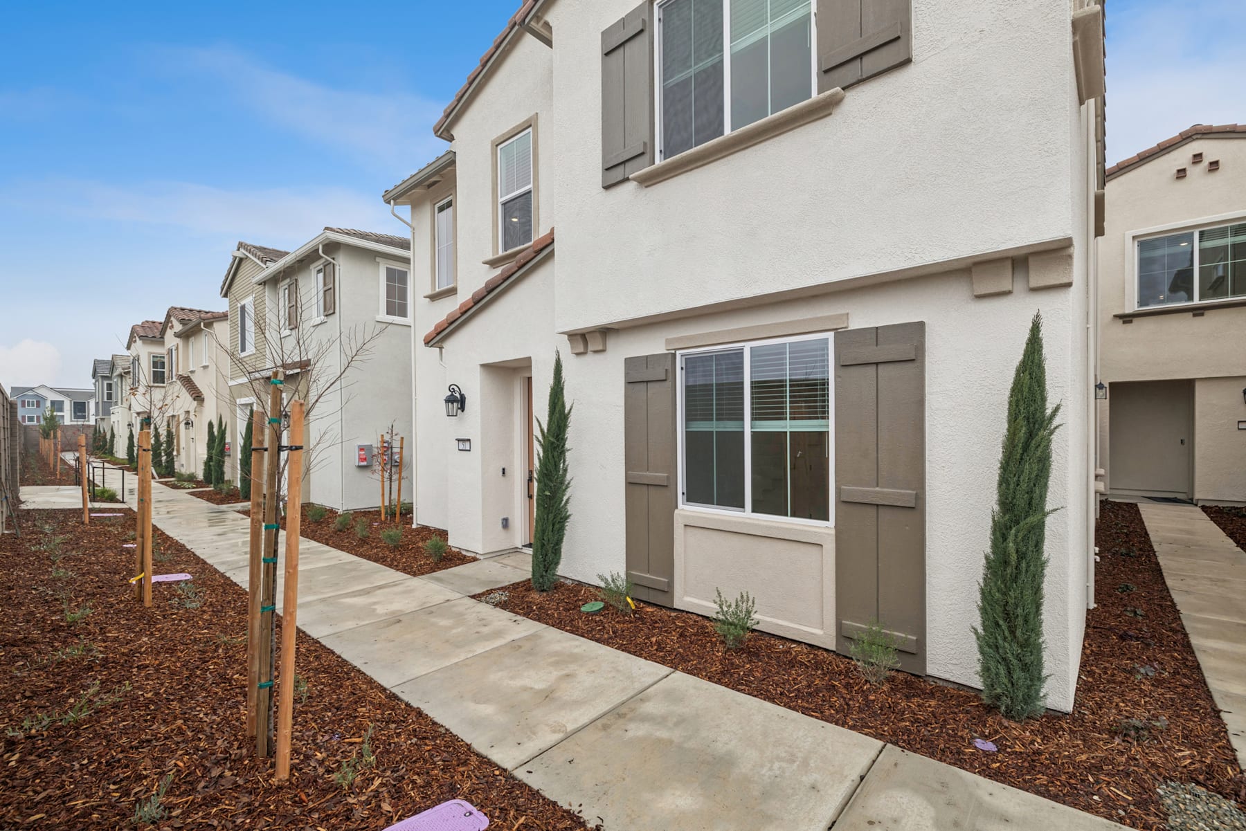 A row of modern, two-story townhouses with beige exteriors, surrounded by landscaped areas with cypress trees and wood chip ground cover.