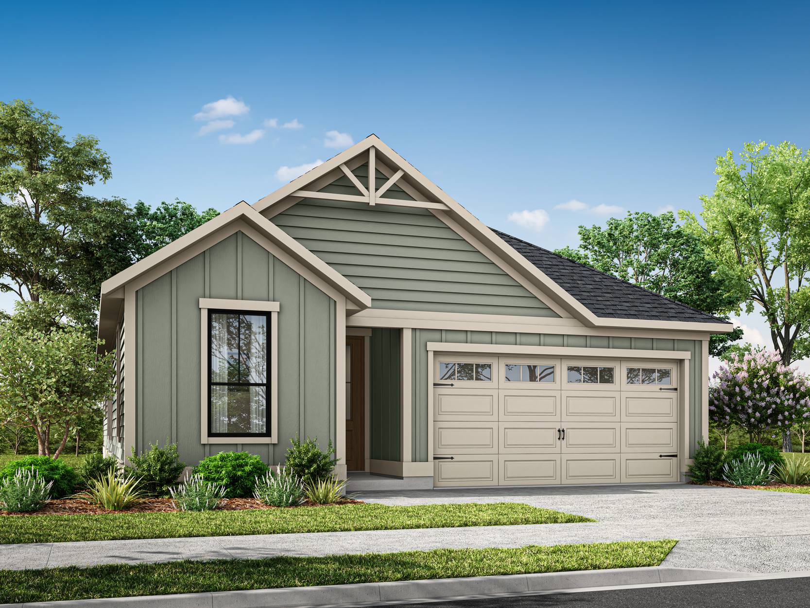 A well-designed, two-story house with a garage, surrounded by lush greenery and a clear blue sky in the background.