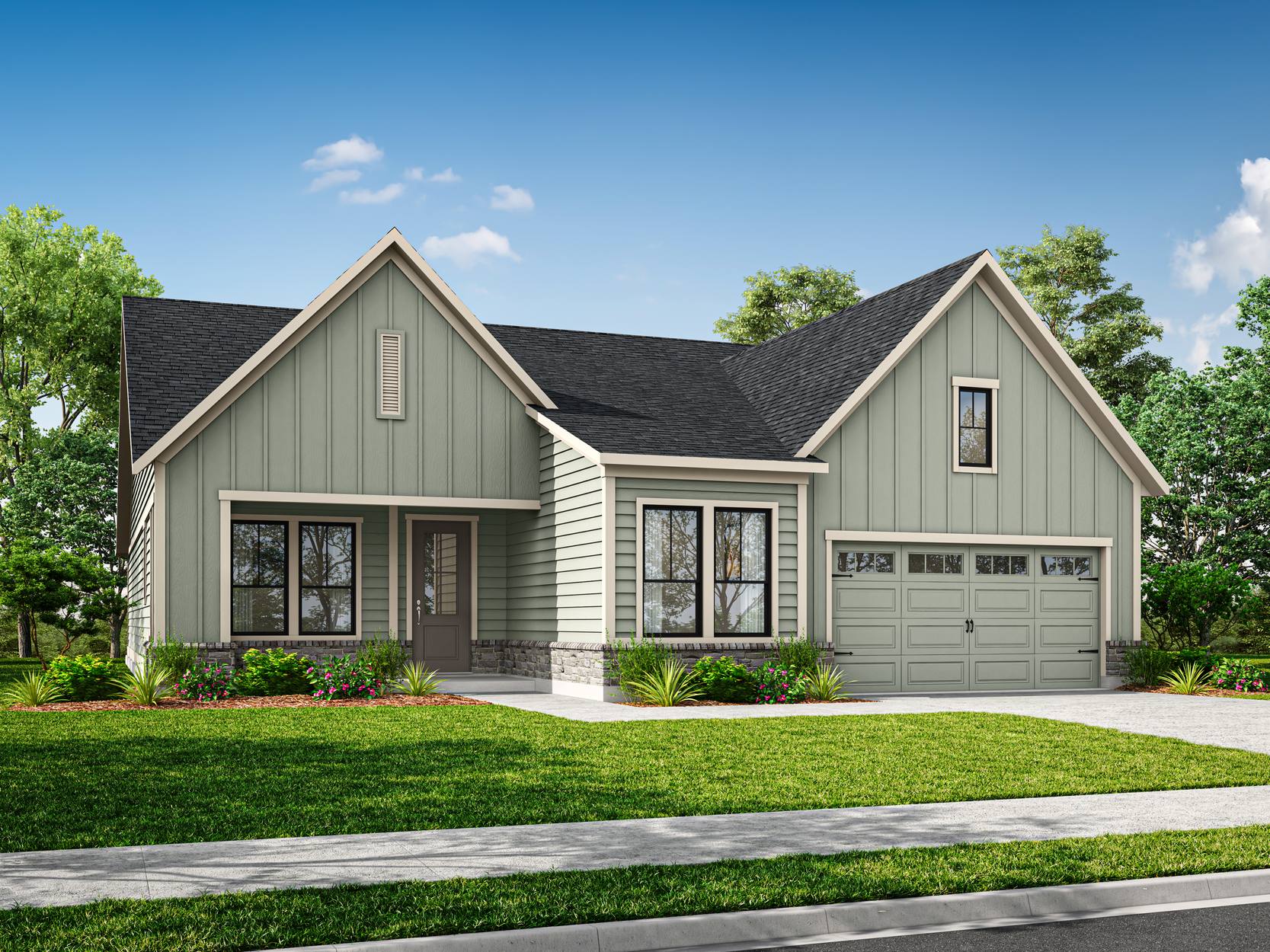 A two-story house with a gabled roof, siding in a light green color, and a garage door sits on a grassy lawn surrounded by trees against a clear blue sky.